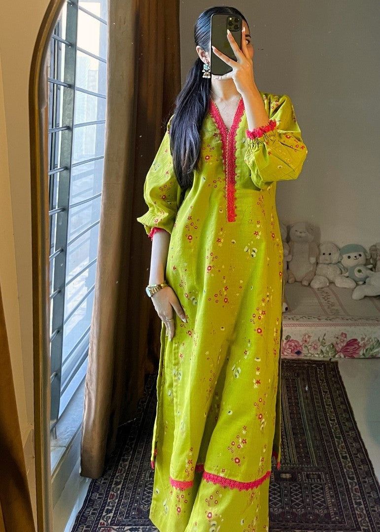 Haya'S Creation Parrot Green Printed Khaddar Dress Women 2pcs