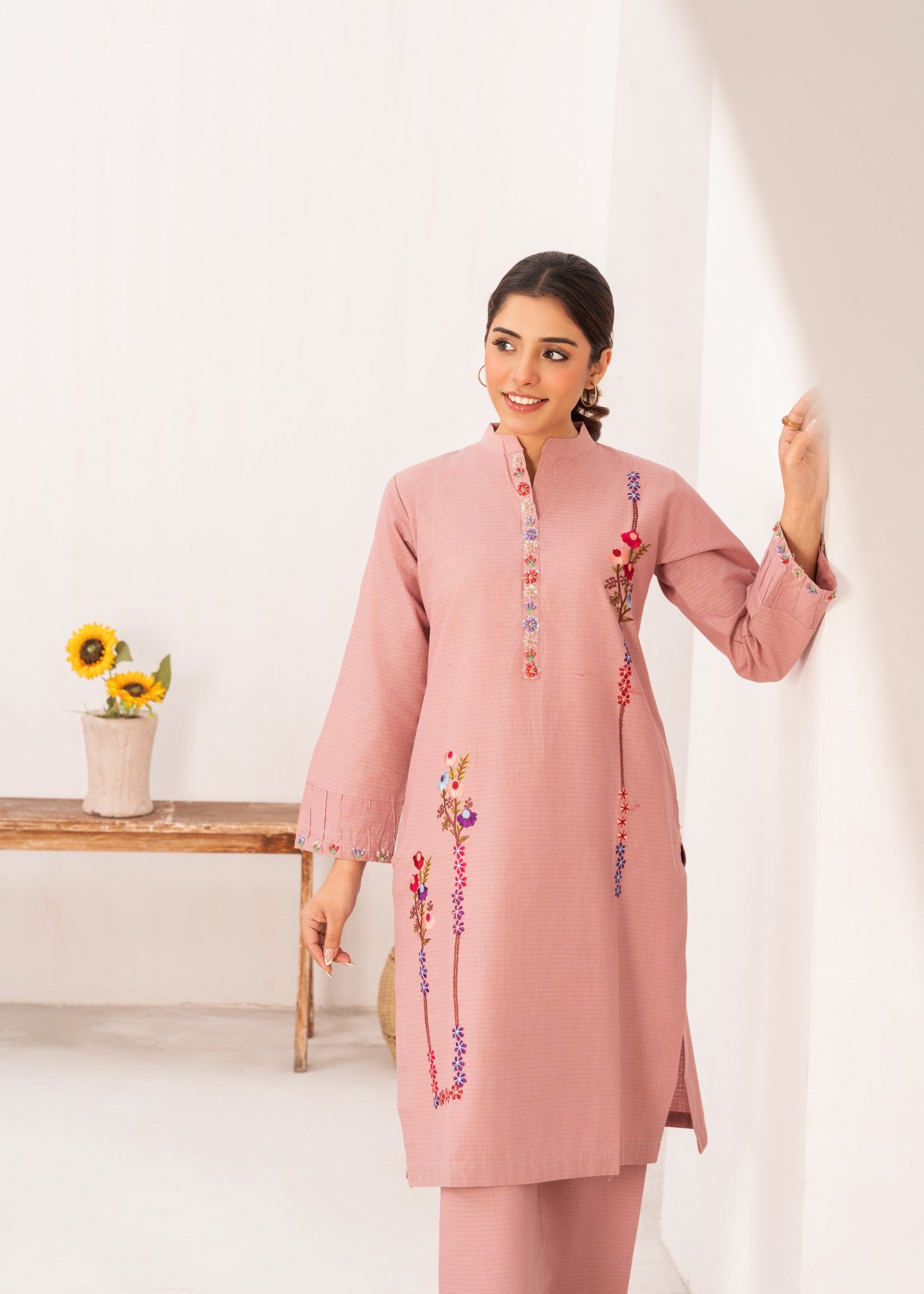 Dada Potta Stitched Cambric Cotton Pink Women 2pcs