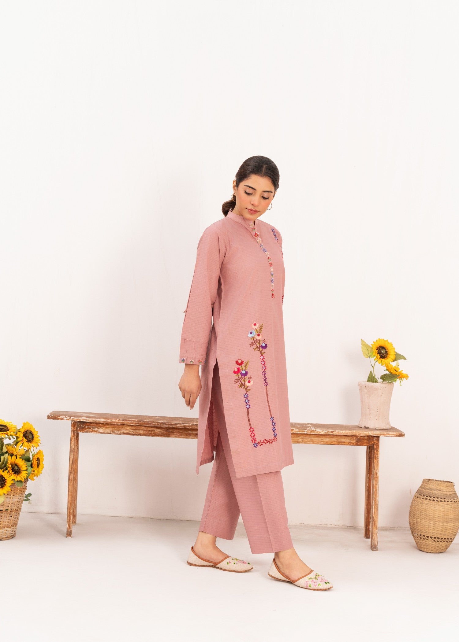 Dada Potta Stitched Cambric Cotton Pink Women 2pcs