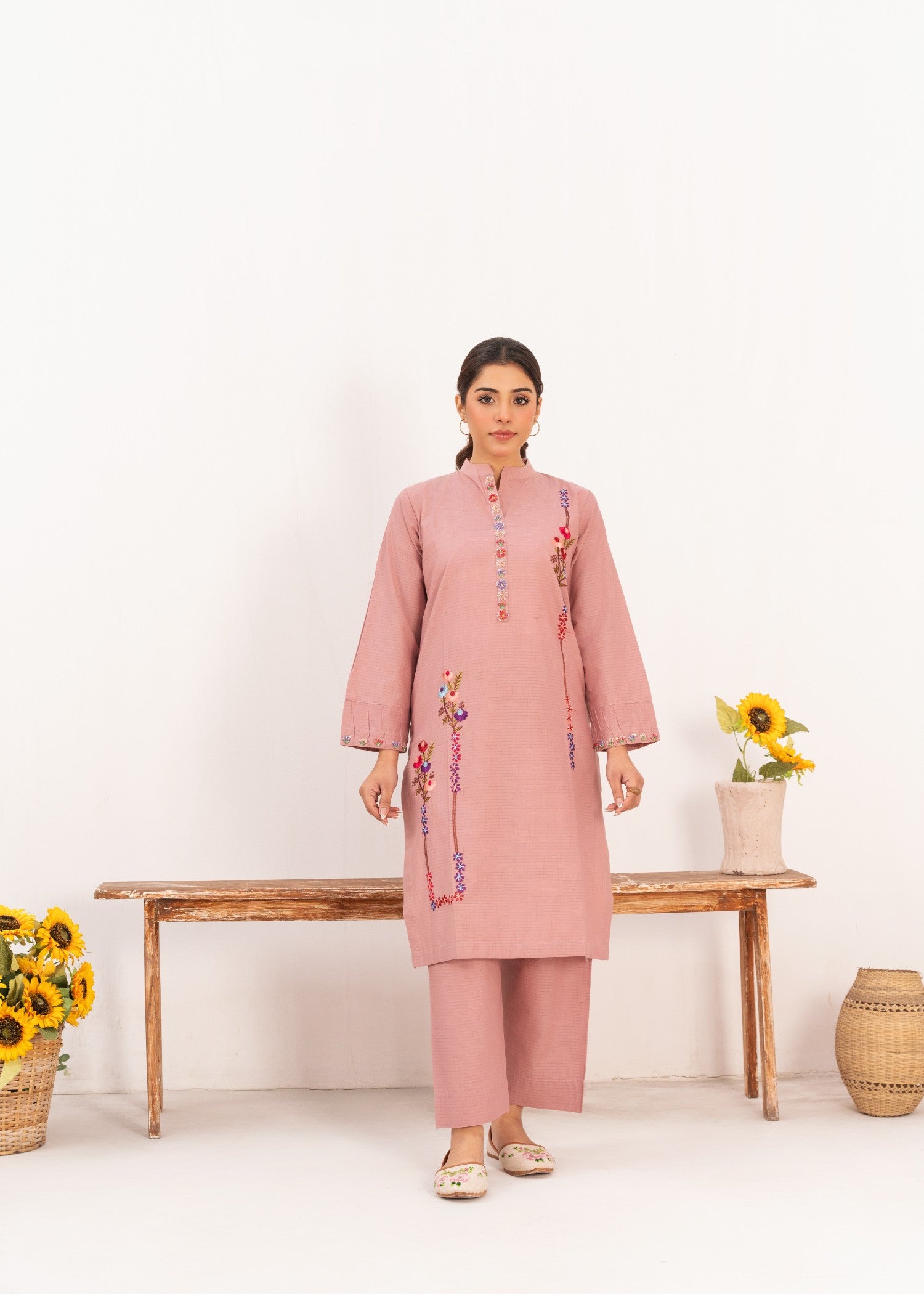 Dada Potta Stitched Cambric Cotton Pink Women 2pcs