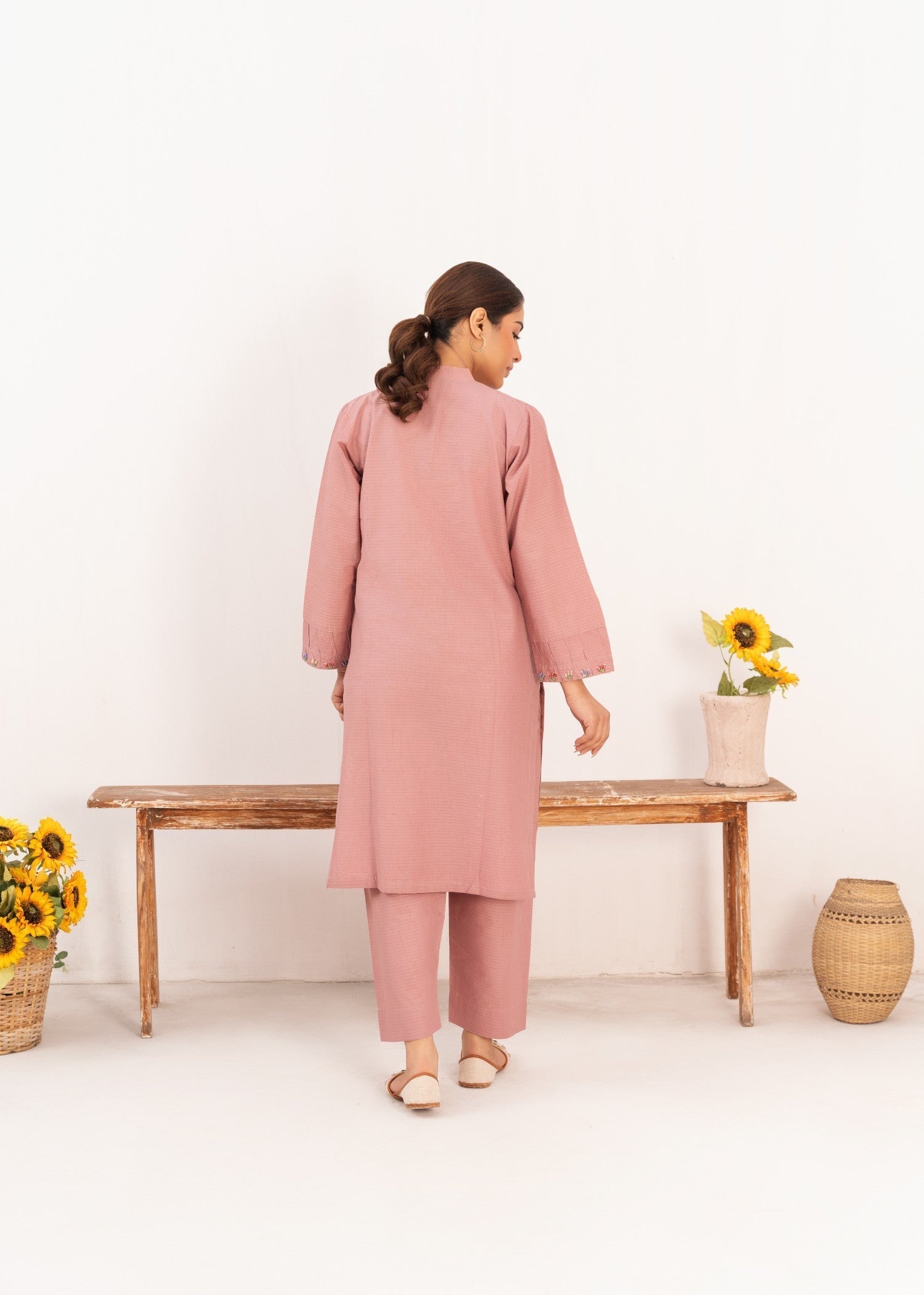 Dada Potta Stitched Cambric Cotton Pink Women 2pcs