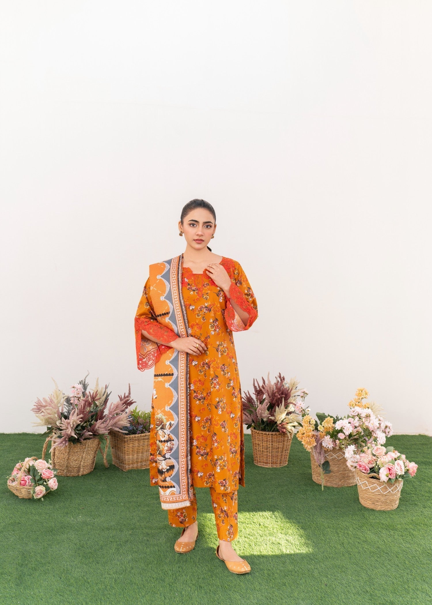 Dada Potta Stitched Orange Cambric Cotton Women 3pcs