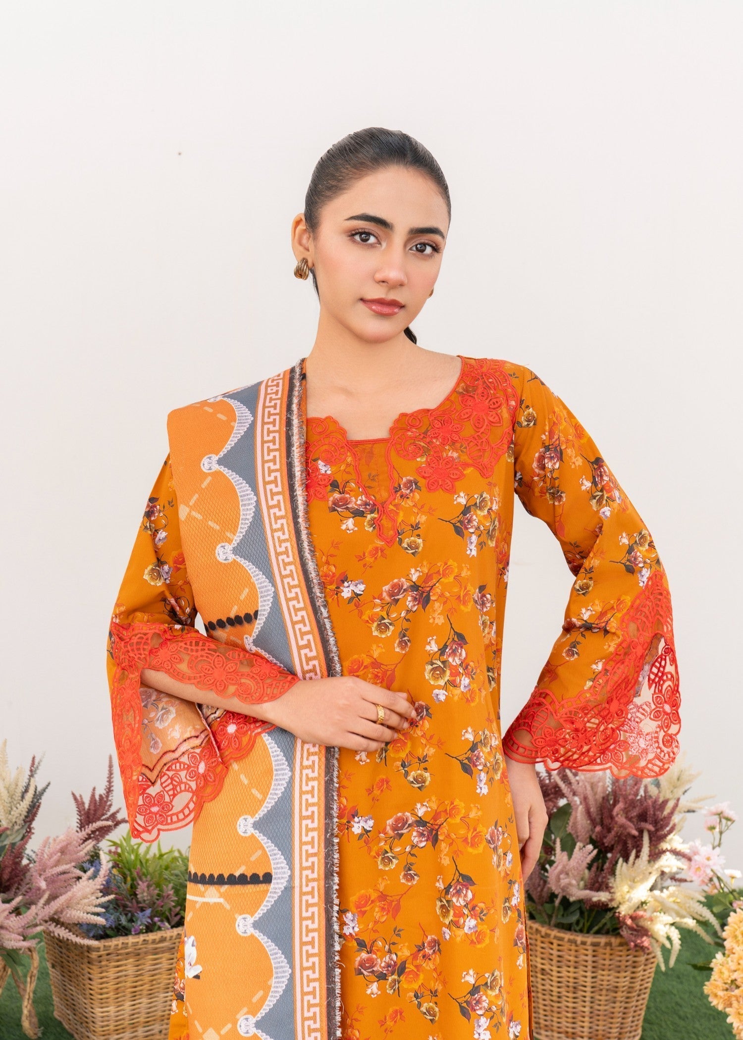 Dada Potta Stitched Orange Cambric Cotton Women 3pcs