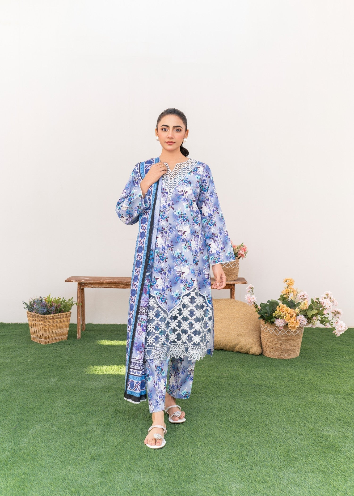 Dada Potta Stitched Lavender Cambric Cotton Women 3pcs