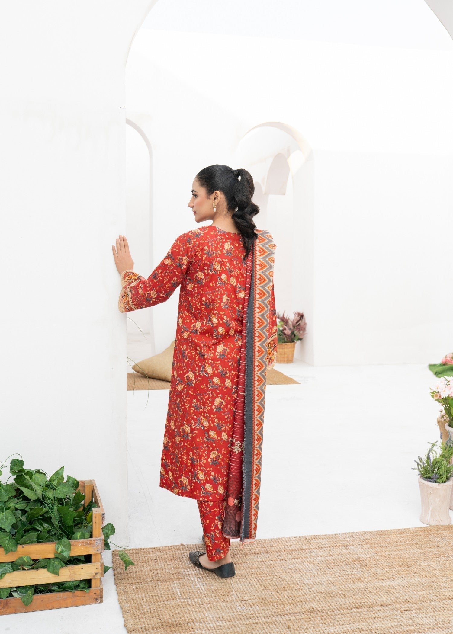 Dada Potta Stitched Red Cambric Cotton Women 3pcs