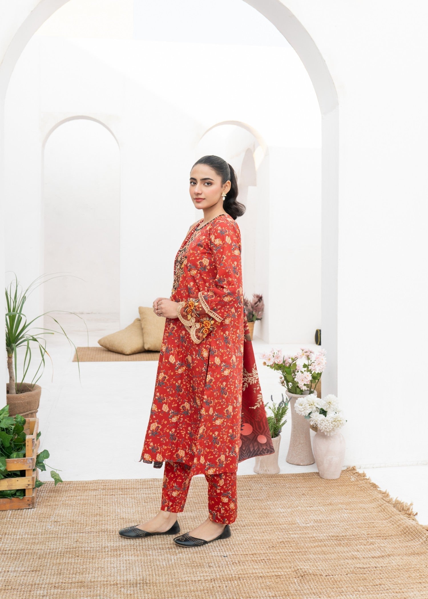 Dada Potta Stitched Red Cambric Cotton Women 3pcs