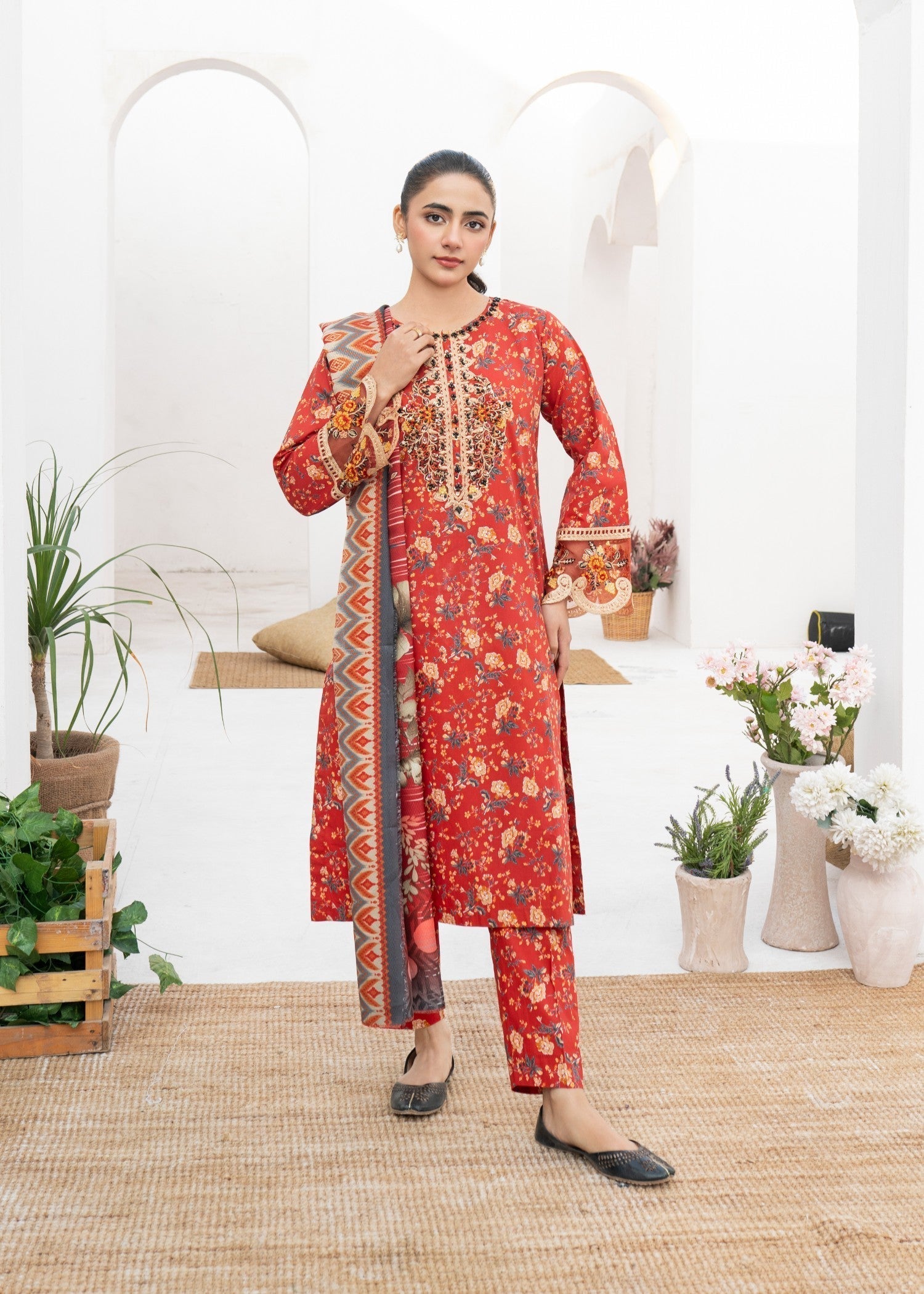 Dada Potta Stitched Red Cambric Cotton Women 3pcs