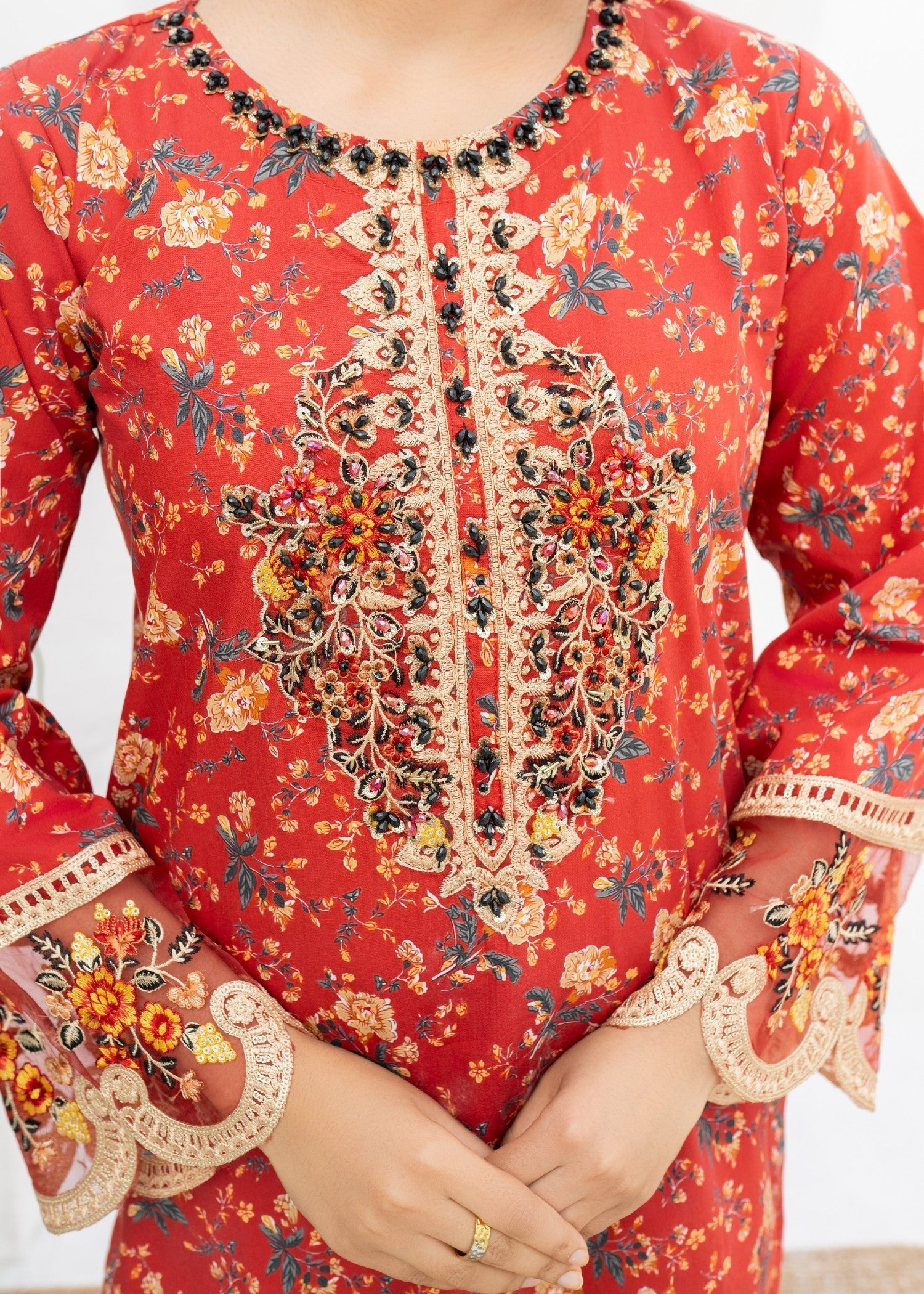 Dada Potta Stitched Red Cambric Cotton Women 3pcs