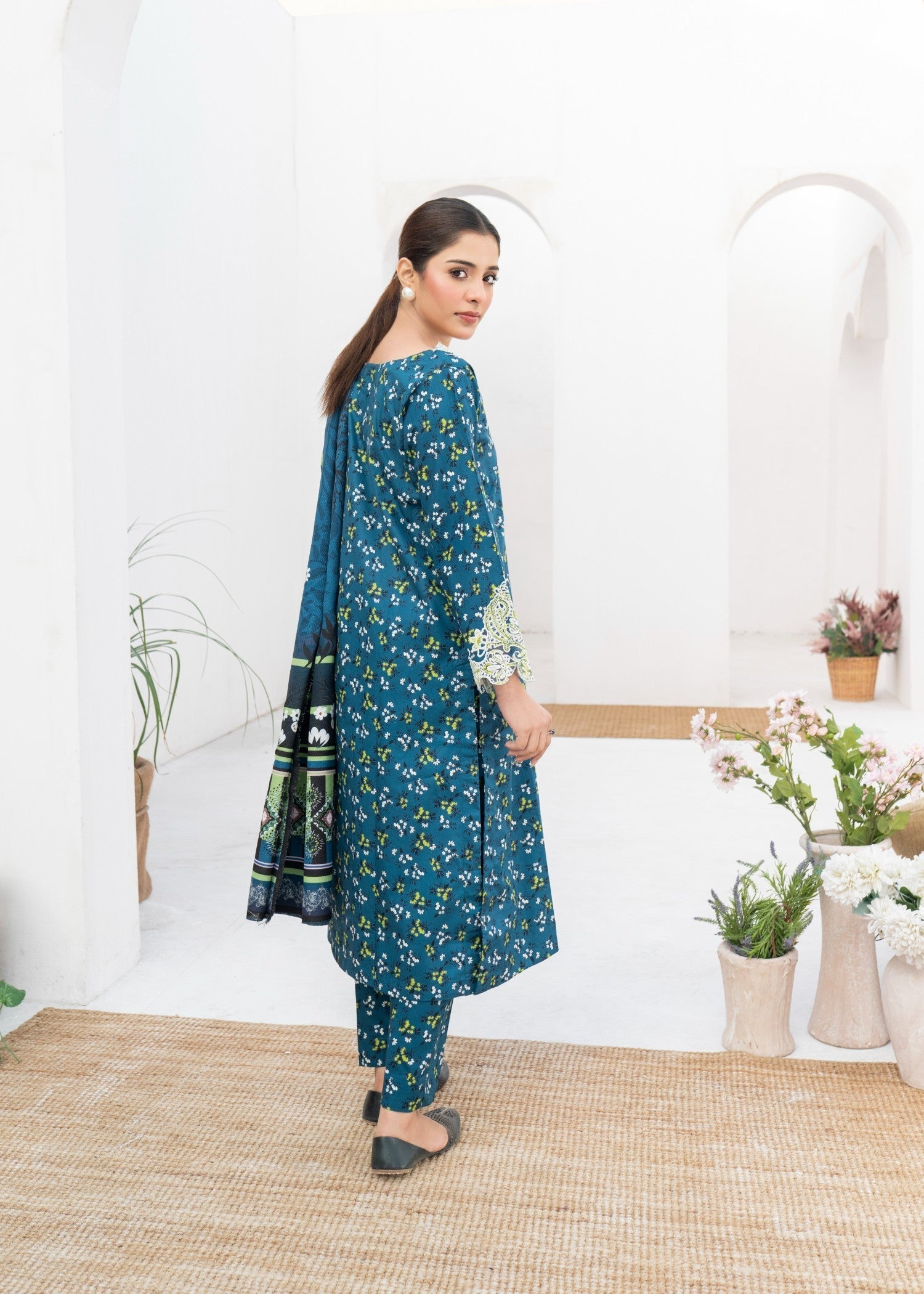 Dada Potta Stitched Teal Cambric Cotton Women 3pcs