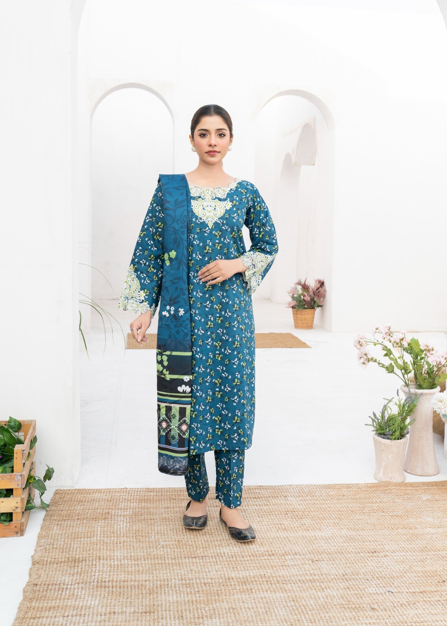 Dada Potta Stitched Teal Cambric Cotton Women 3pcs