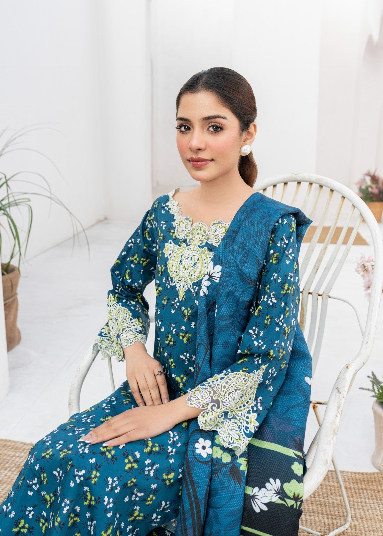 Dada Potta Stitched Teal Cambric Cotton Women 3pcs