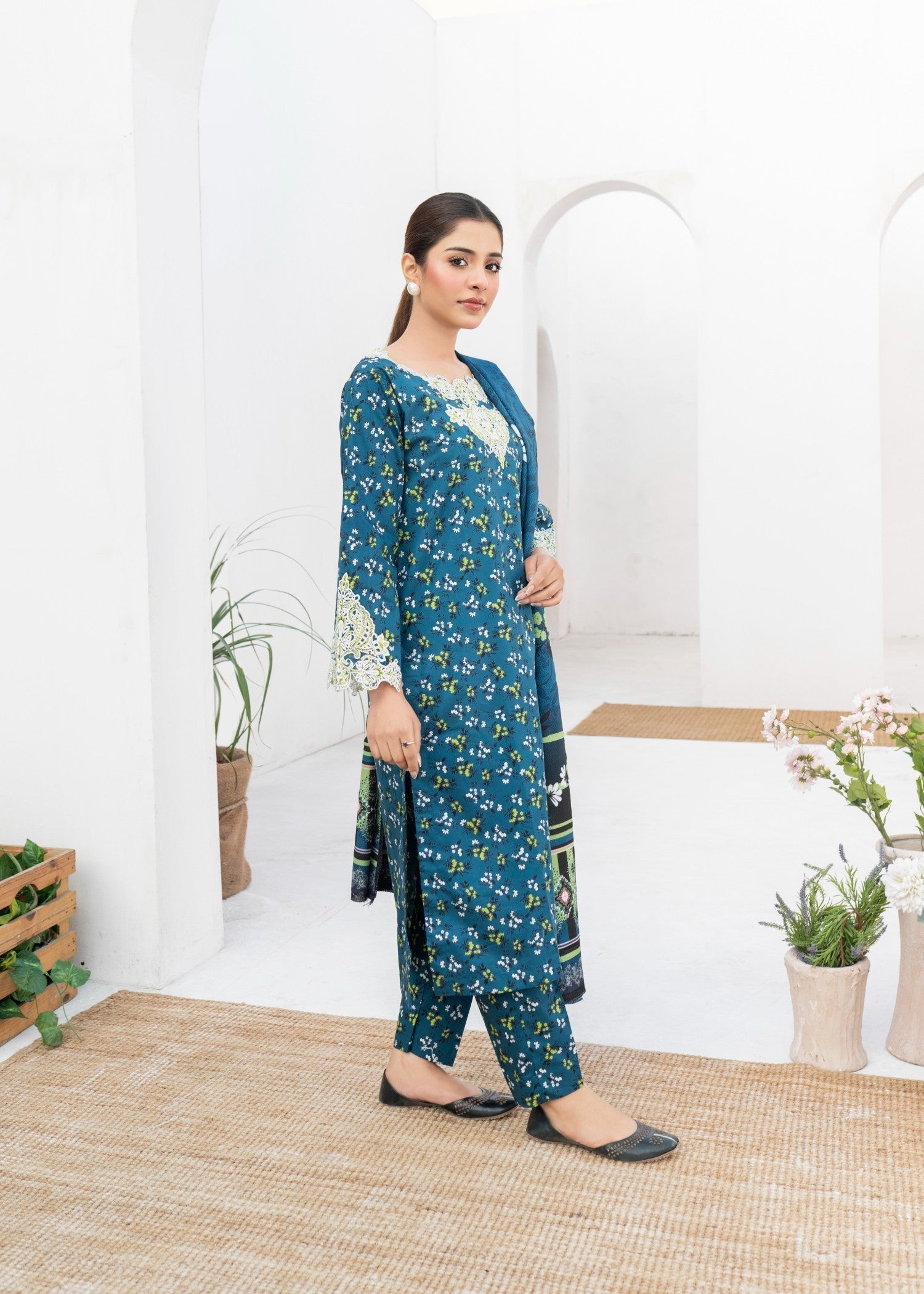 Dada Potta Stitched Teal Cambric Cotton Women 3pcs