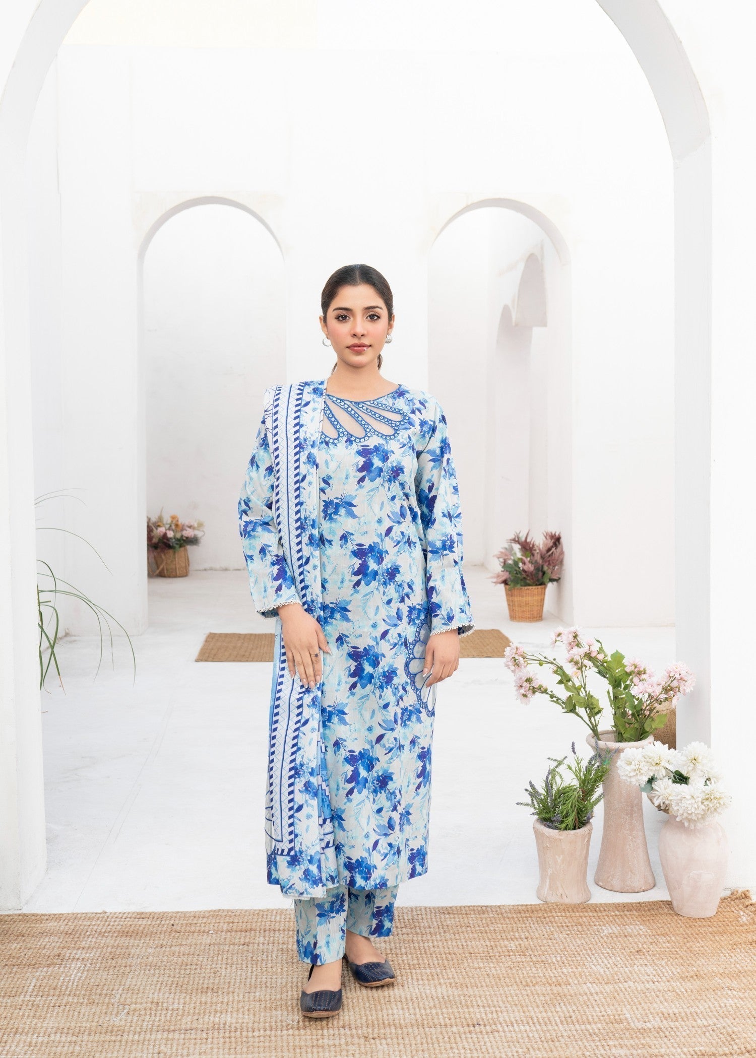 Dada Potta Stitched Sky Blue Cambric Cotton Women 3pcs