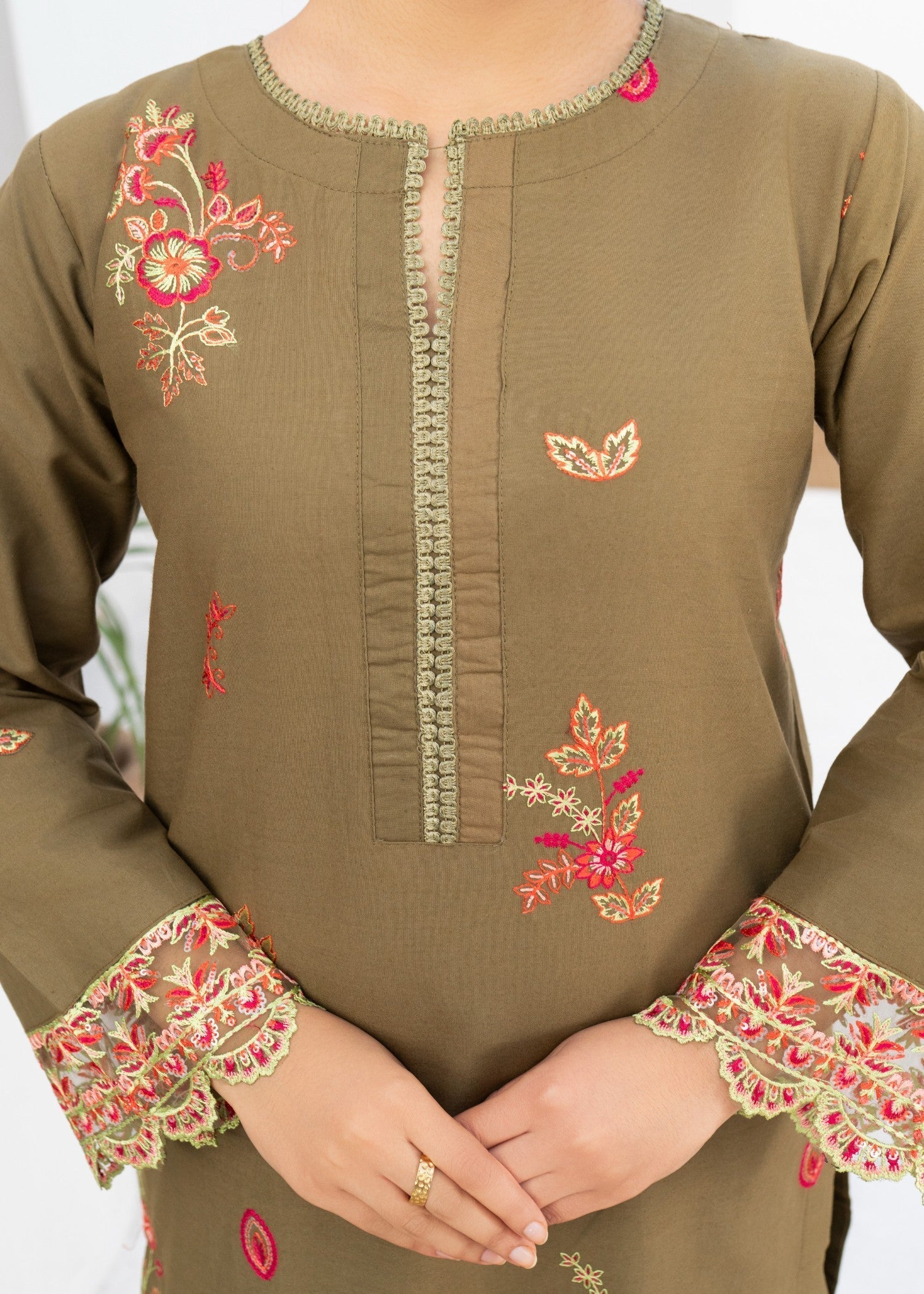 Dada Potta Stitched Brown Cambric Cotton Women 2pcs