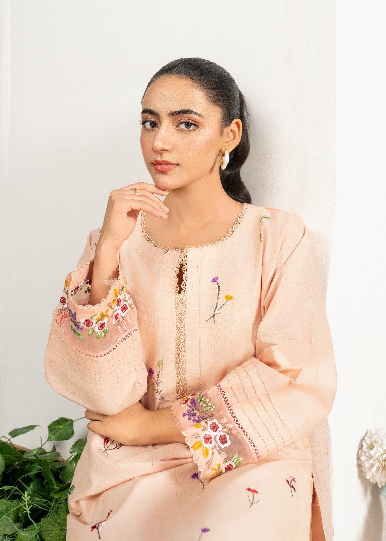 Dada Potta Stitched Peach Cambric Cotton Women 2pcs