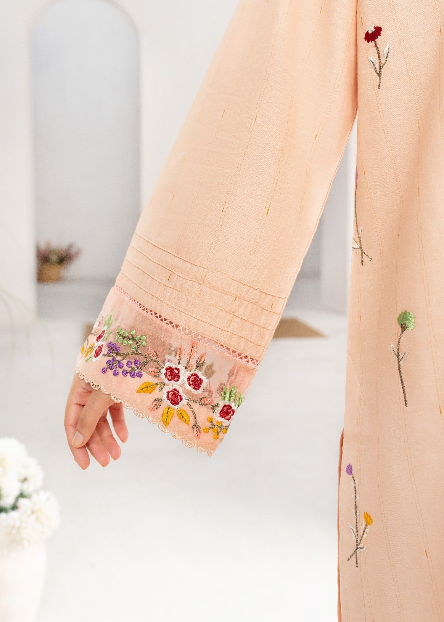 Dada Potta Stitched Peach Cambric Cotton Women 2pcs