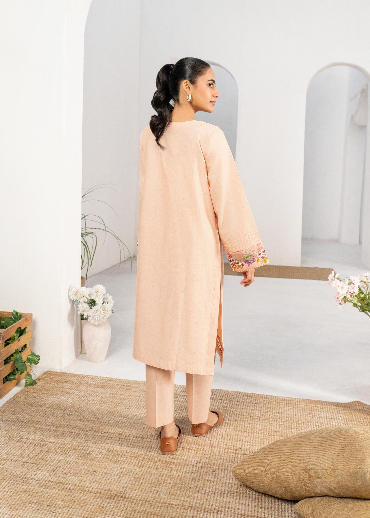 Dada Potta Stitched Peach Cambric Cotton Women 2pcs