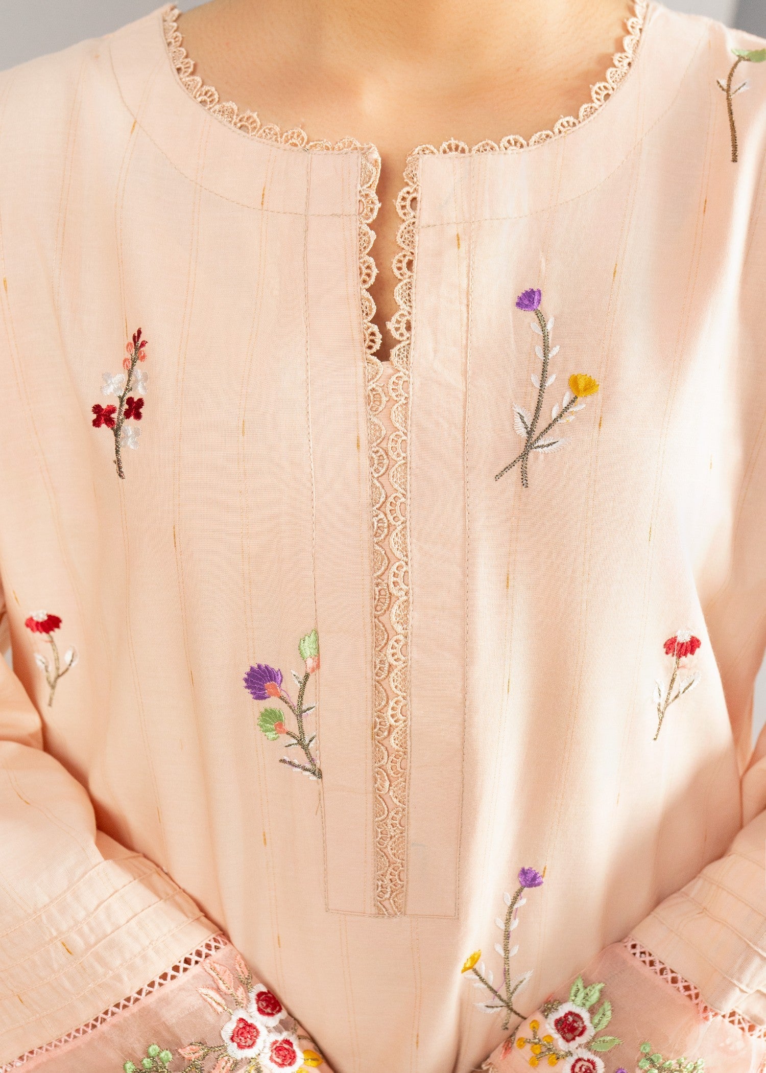 Dada Potta Stitched Peach Cambric Cotton Women 2pcs