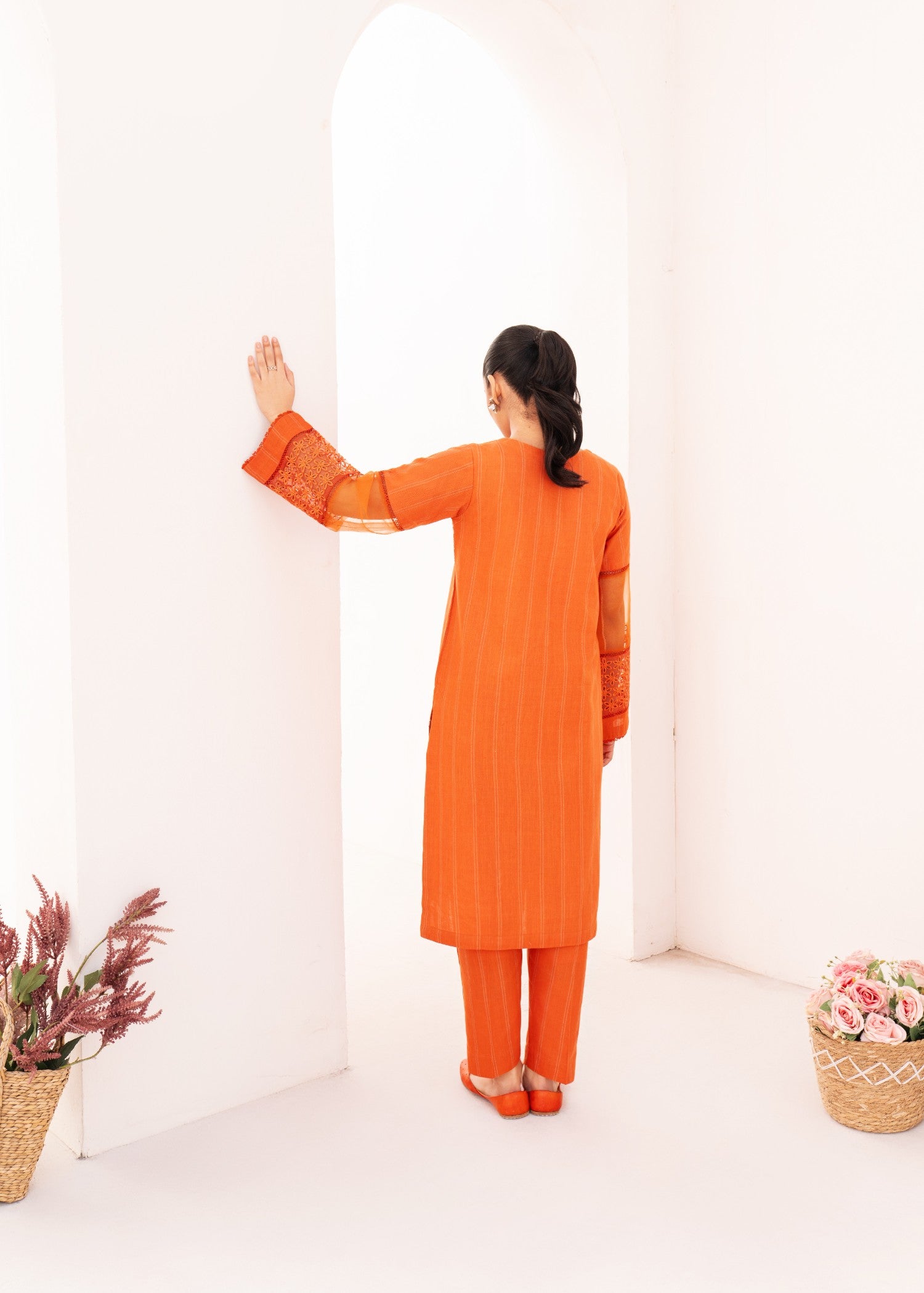 Dada Potta Stitched Orange Cambric Cotton Women 2pcs