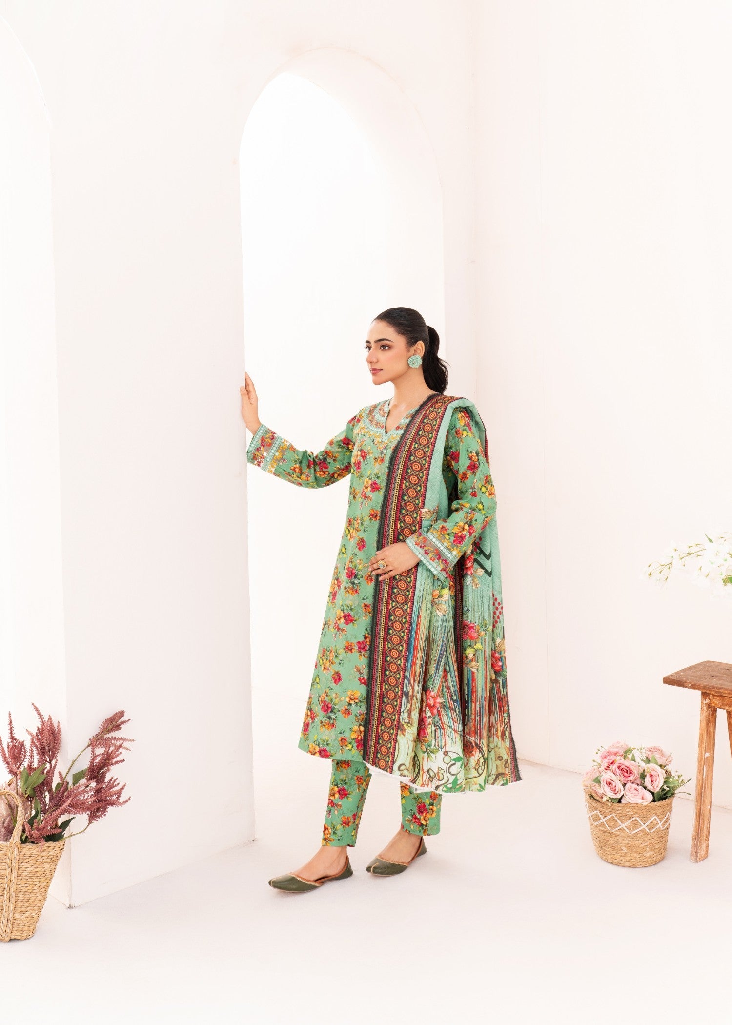 Dada Potta Stitched Sage Green Cambric Cotton Women 3pcs