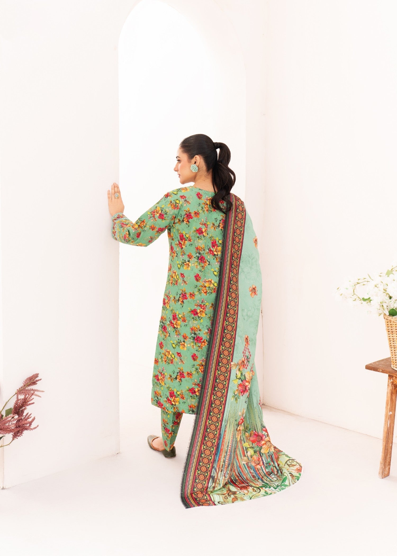 Dada Potta Stitched Sage Green Cambric Cotton Women 3pcs