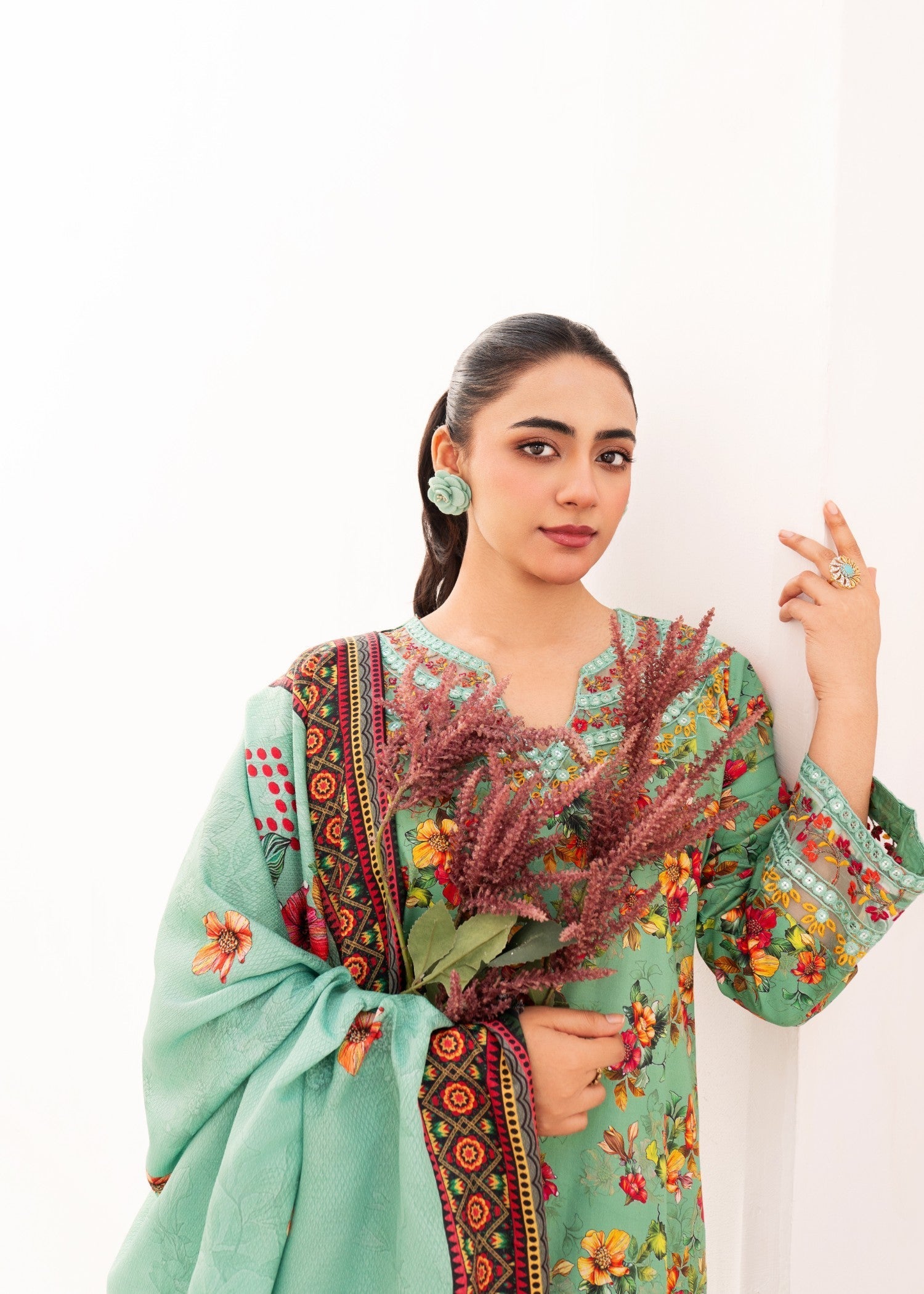 Dada Potta Stitched Sage Green Cambric Cotton Women 3pcs