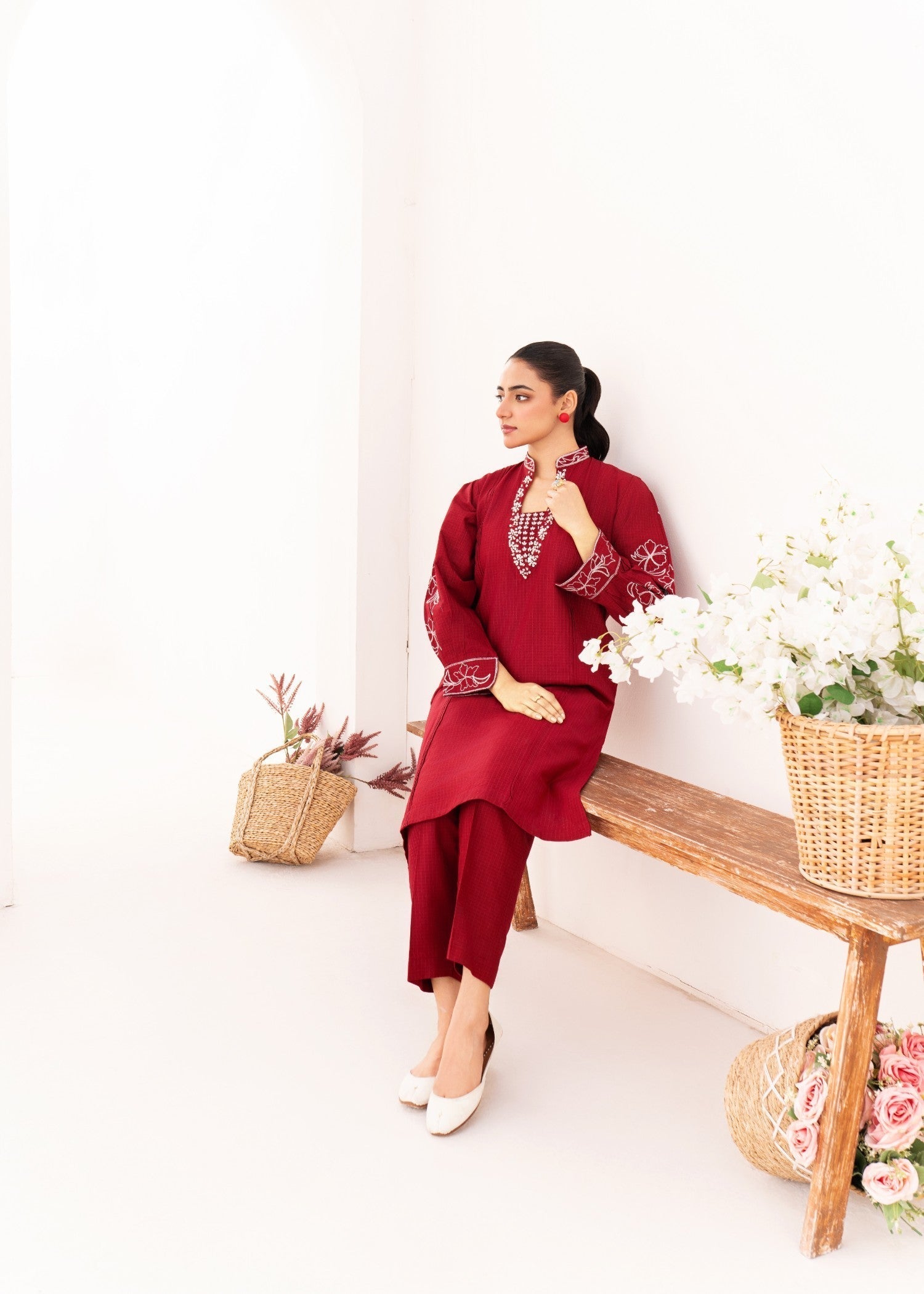 Dada Potta Stitched Maroon Cambric Cotton Women 2pcs