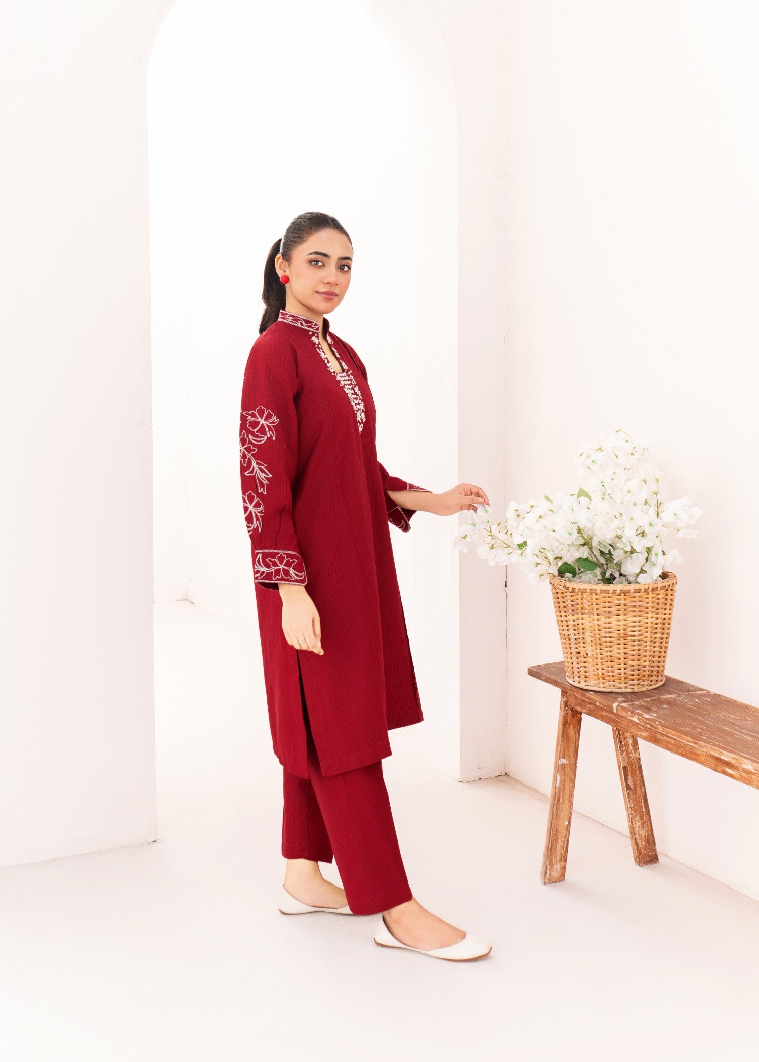 Dada Potta Stitched Maroon Cambric Cotton Women 2pcs