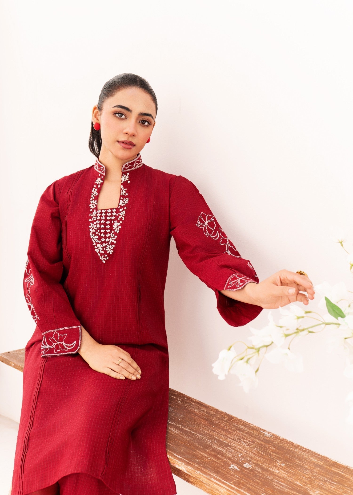 Dada Potta Stitched Maroon Cambric Cotton Women 2pcs