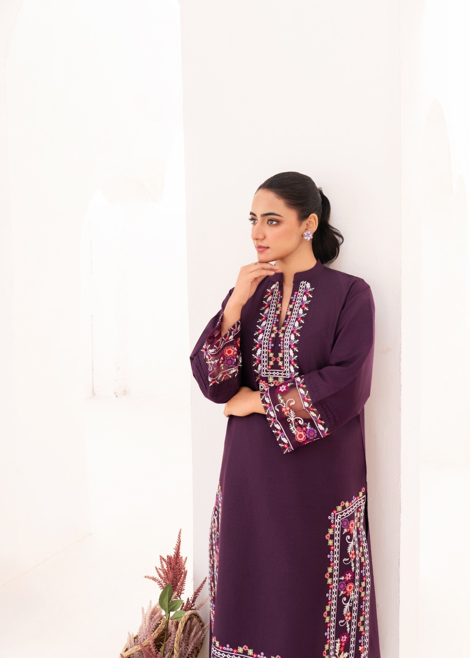 Dada Potta Stitched Purple Cambric Cotton Women 2pcs