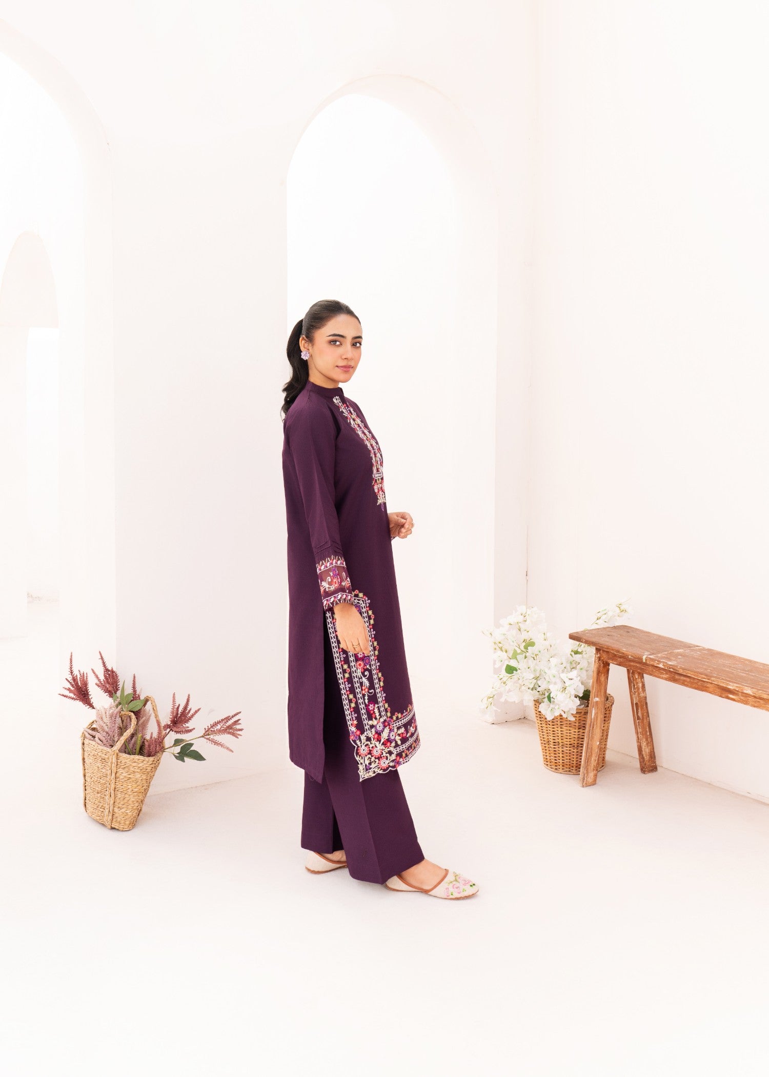 Dada Potta Stitched Purple Cambric Cotton Women 2pcs