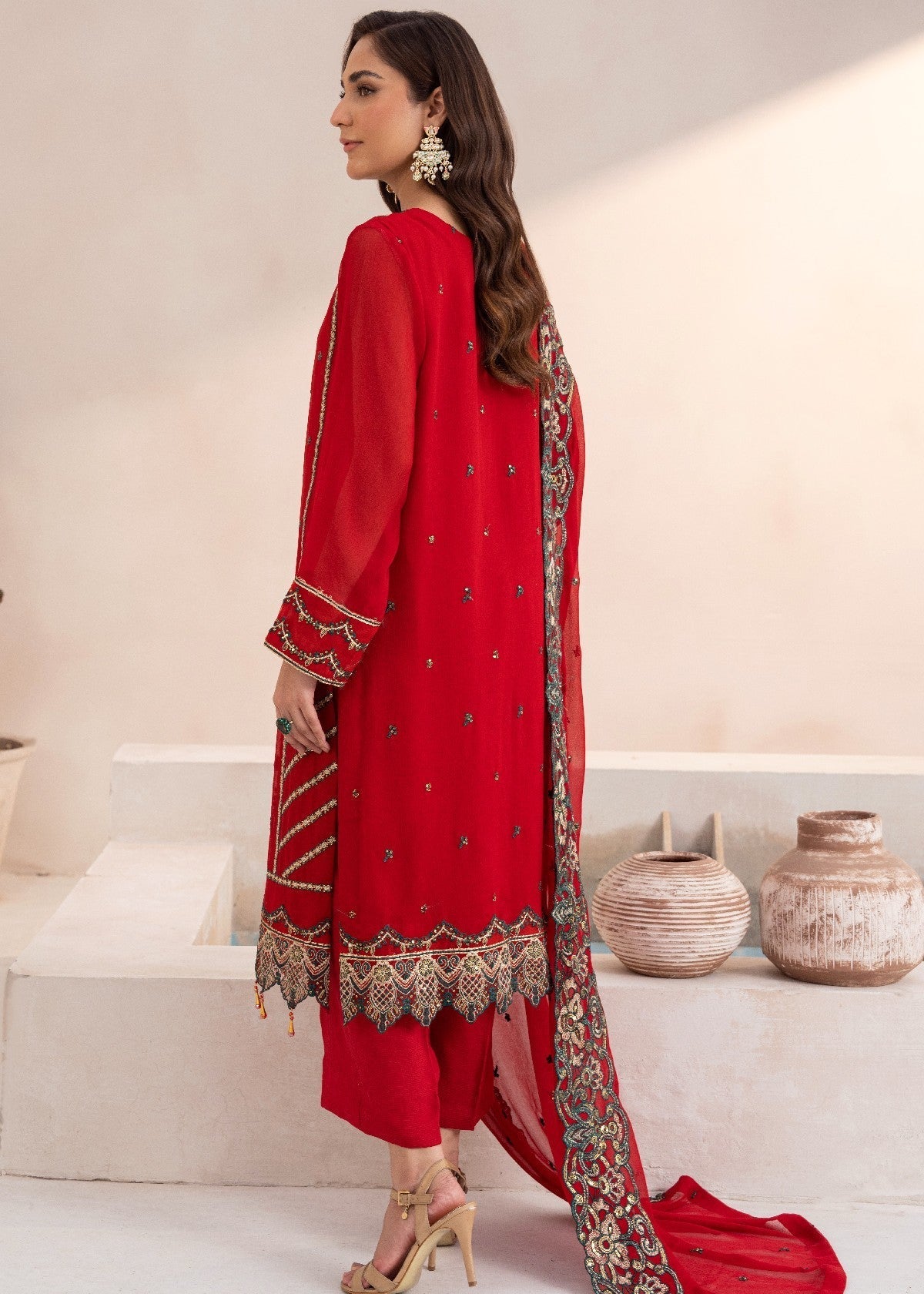 By-East Embroidered Chiffon Suit (RED) Women 3pcs