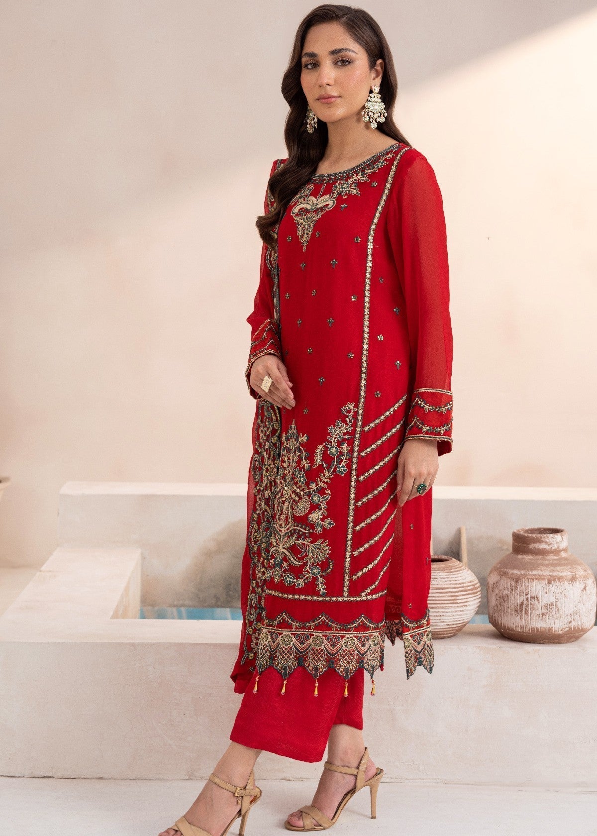 By-East Embroidered Chiffon Suit (RED) Women 3pcs