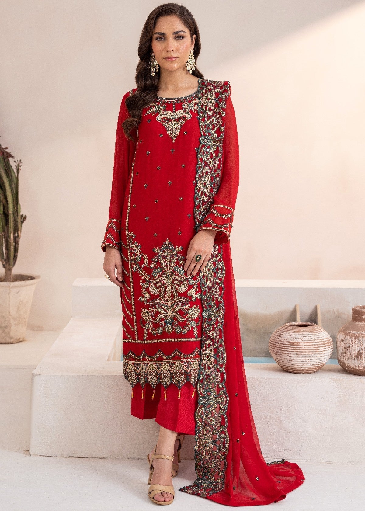 By-East Embroidered Chiffon Suit (RED) Women 3pcs