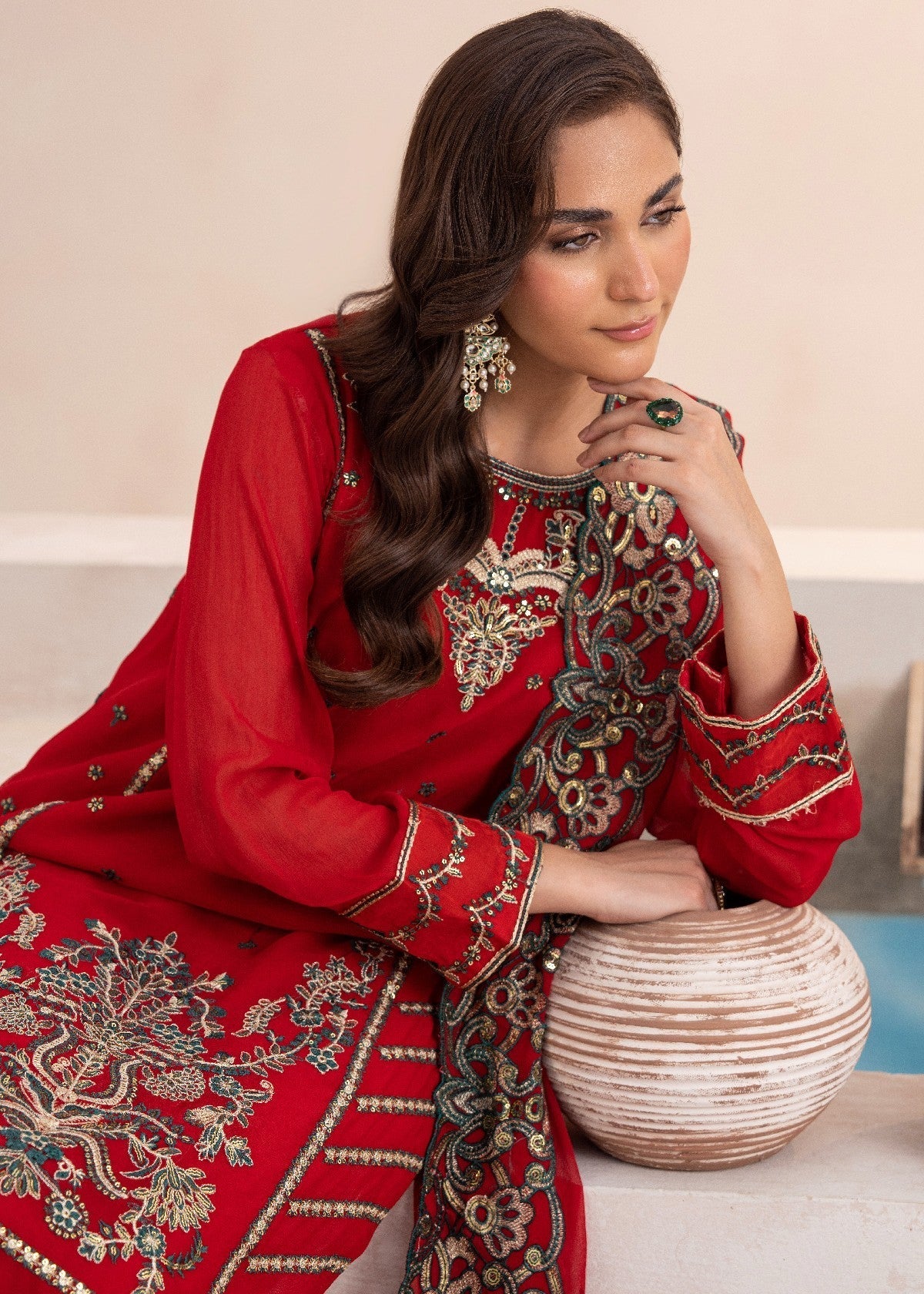 By-East Embroidered Chiffon Suit (RED) Women 3pcs