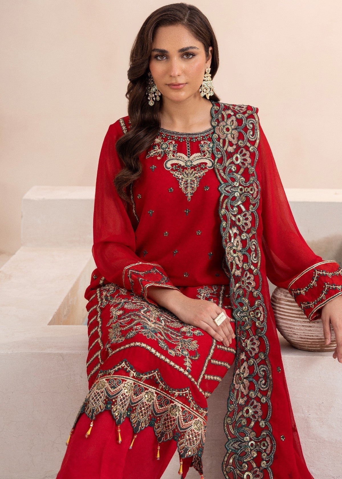 By-East Embroidered Chiffon Suit (RED) Women 3pcs