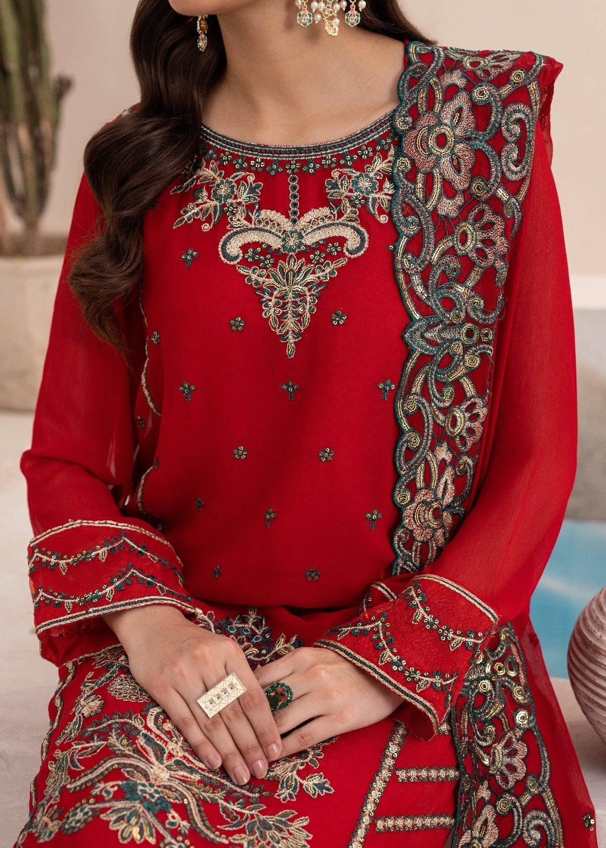 By-East Embroidered Chiffon Suit (RED) Women 3pcs