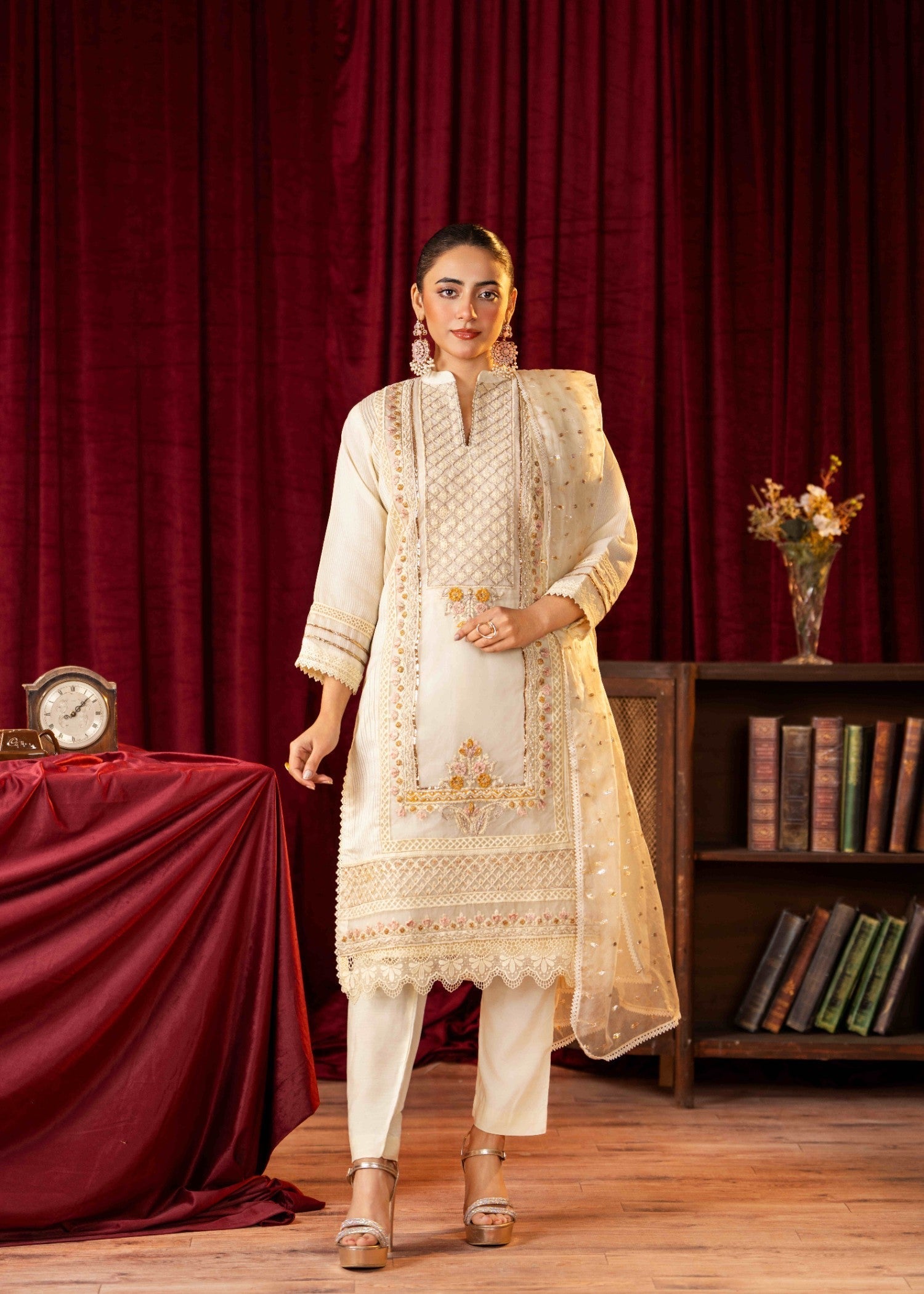 Khubsurat 3746 KH OR NT Off white Embroidery Pearl Embellishment 3D work Women 3pcs