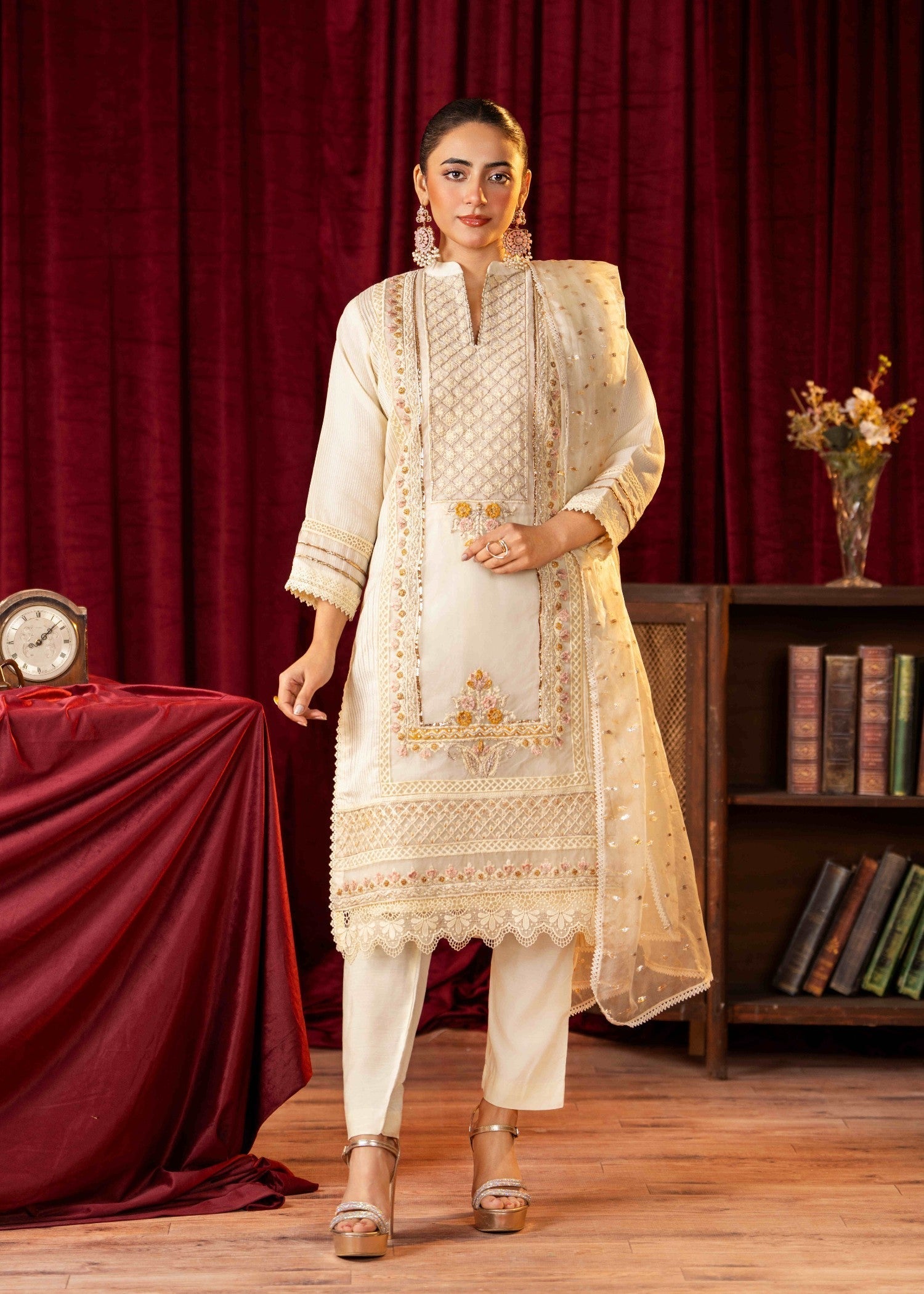 Khubsurat 3746 KH OR NT Off white Embroidery Pearl Embellishment 3D work Women 3pcs