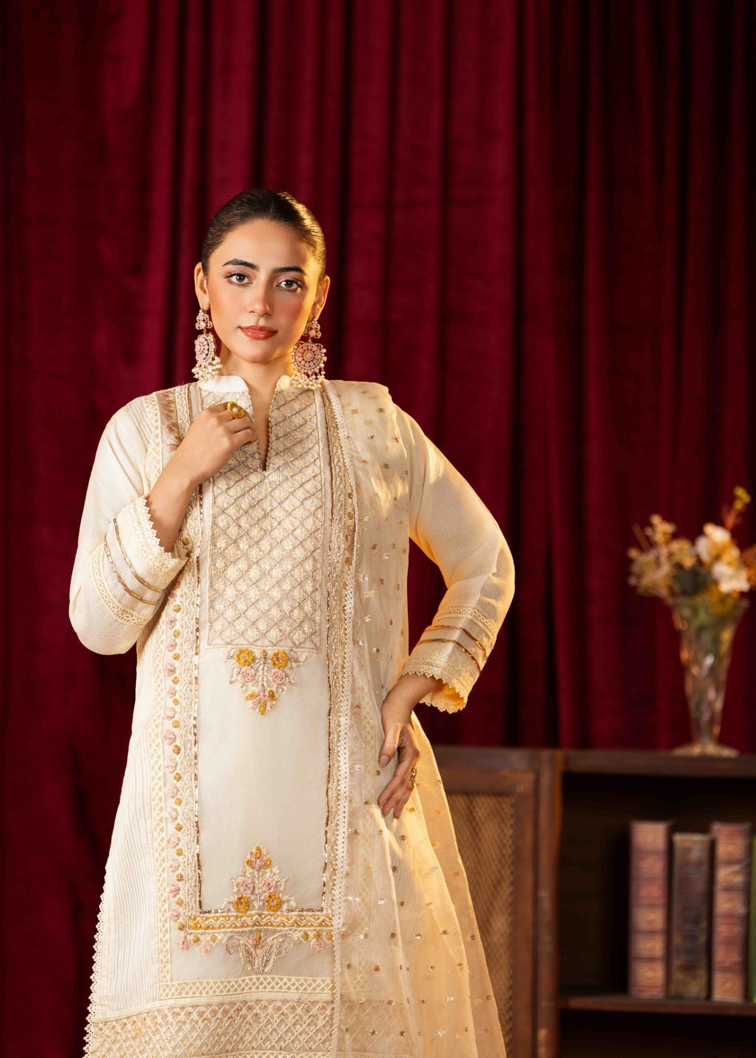 Khubsurat 3746 KH OR NT Off white Embroidery Pearl Embellishment 3D work Women 3pcs