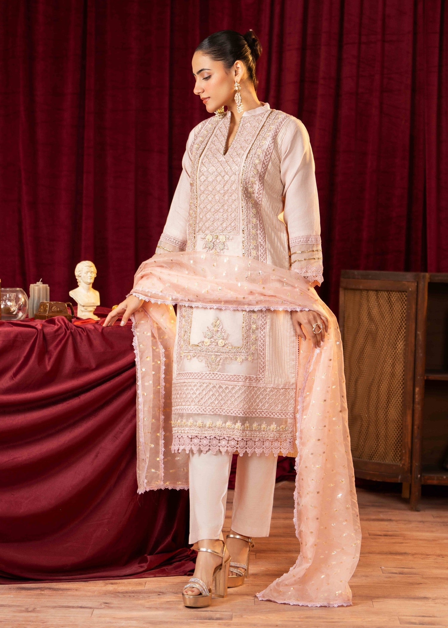 Khubsurat 3746 KH OR NT Pink Embroidery Pearl Embellishment 3D work Women 3pcs