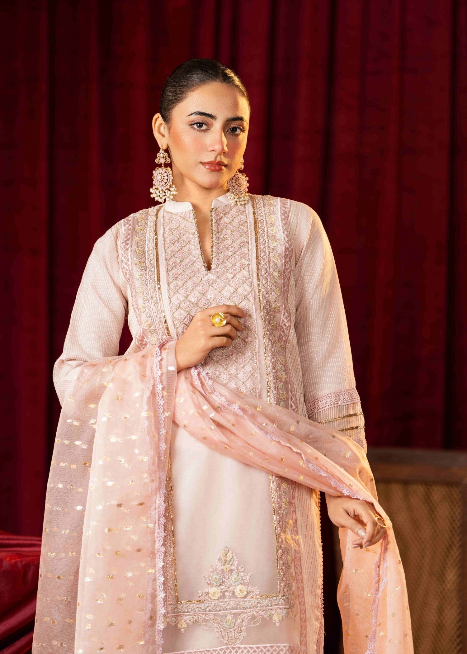 Khubsurat 3746 KH OR NT Pink Embroidery Pearl Embellishment 3D work Women 3pcs