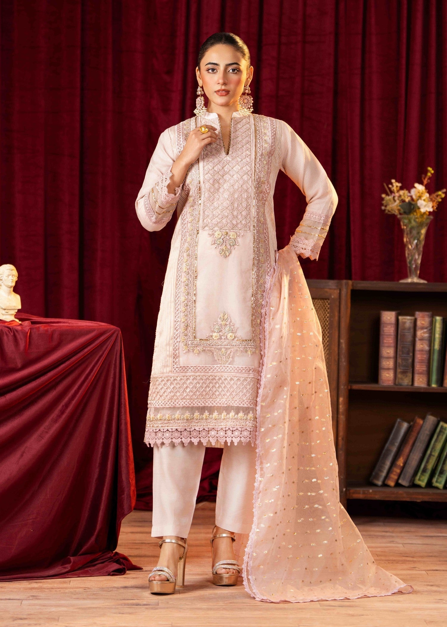 Khubsurat 3746 KH OR NT Pink Embroidery Pearl Embellishment 3D work Women 3pcs