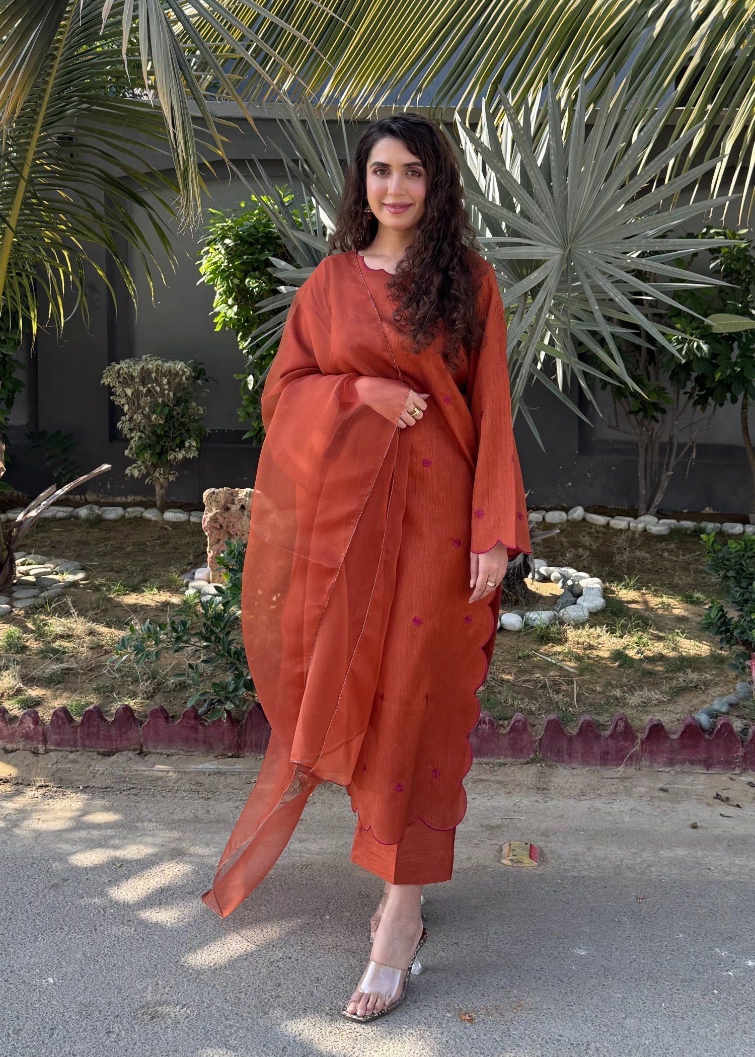 Naaz Couture Rust Embroidered Raw Silk Suit Women 3pcs