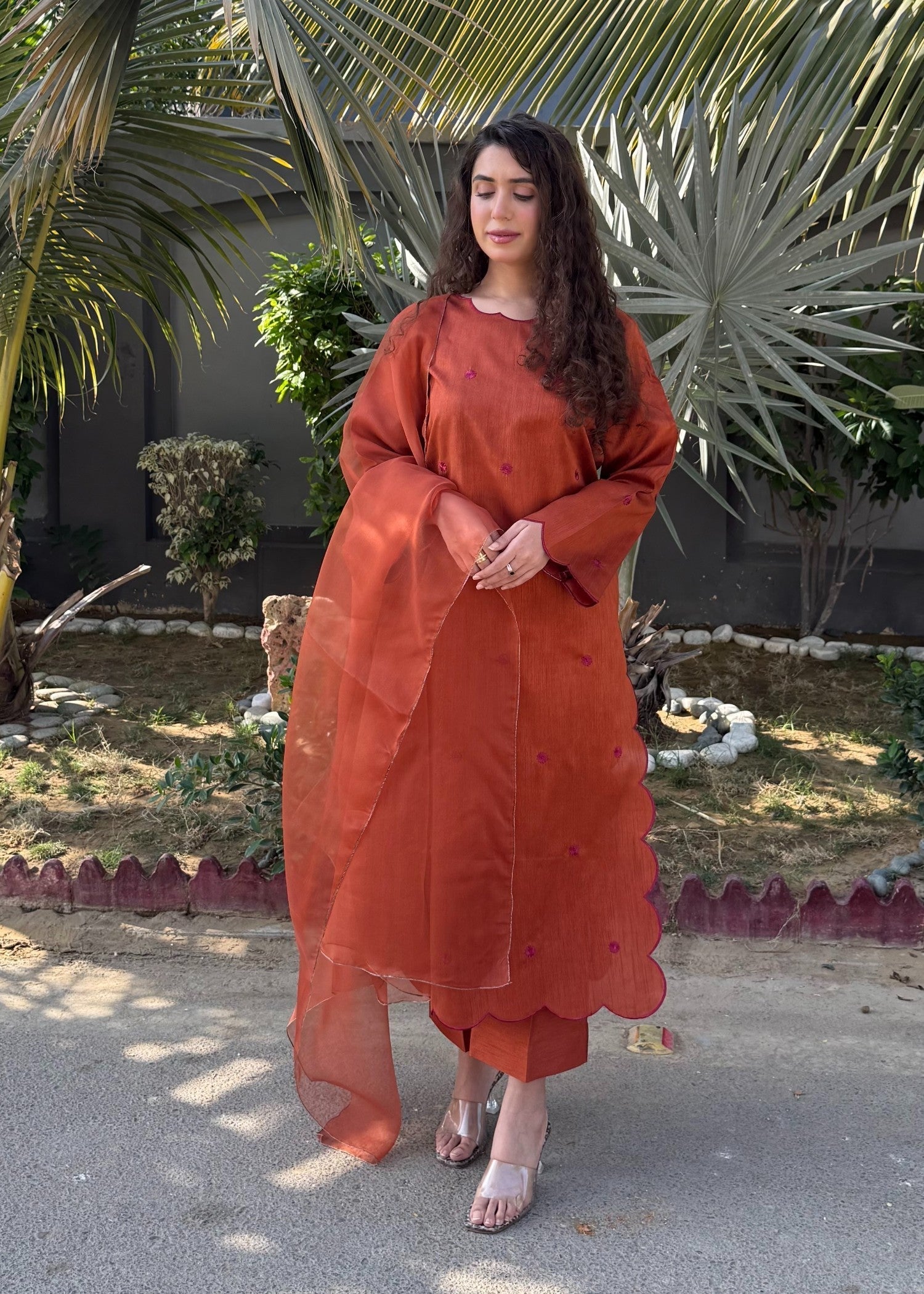 Naaz Couture Rust Embroidered Raw Silk Suit Women 3pcs