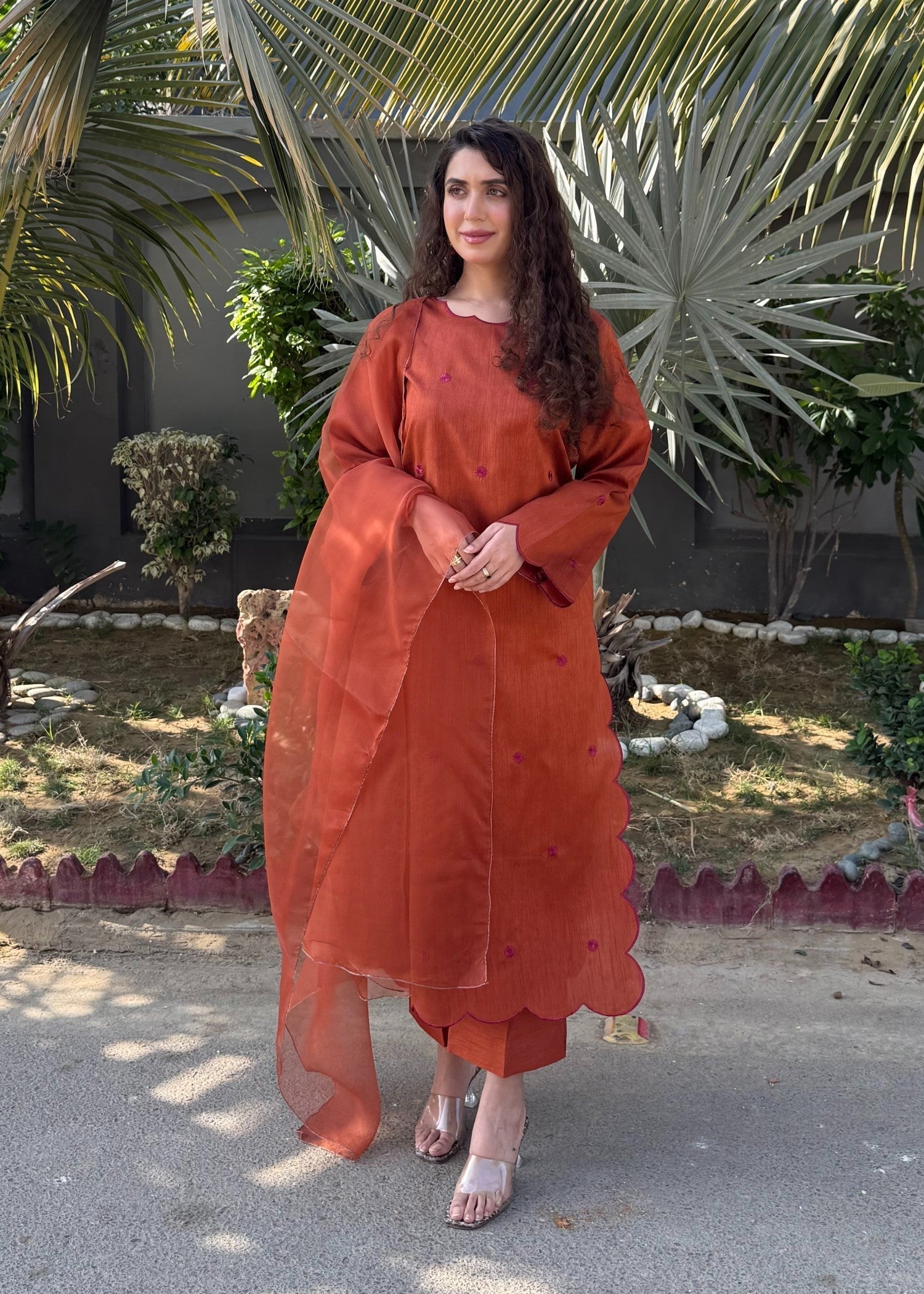 Naaz Couture Rust Embroidered Raw Silk Suit Women 3pcs