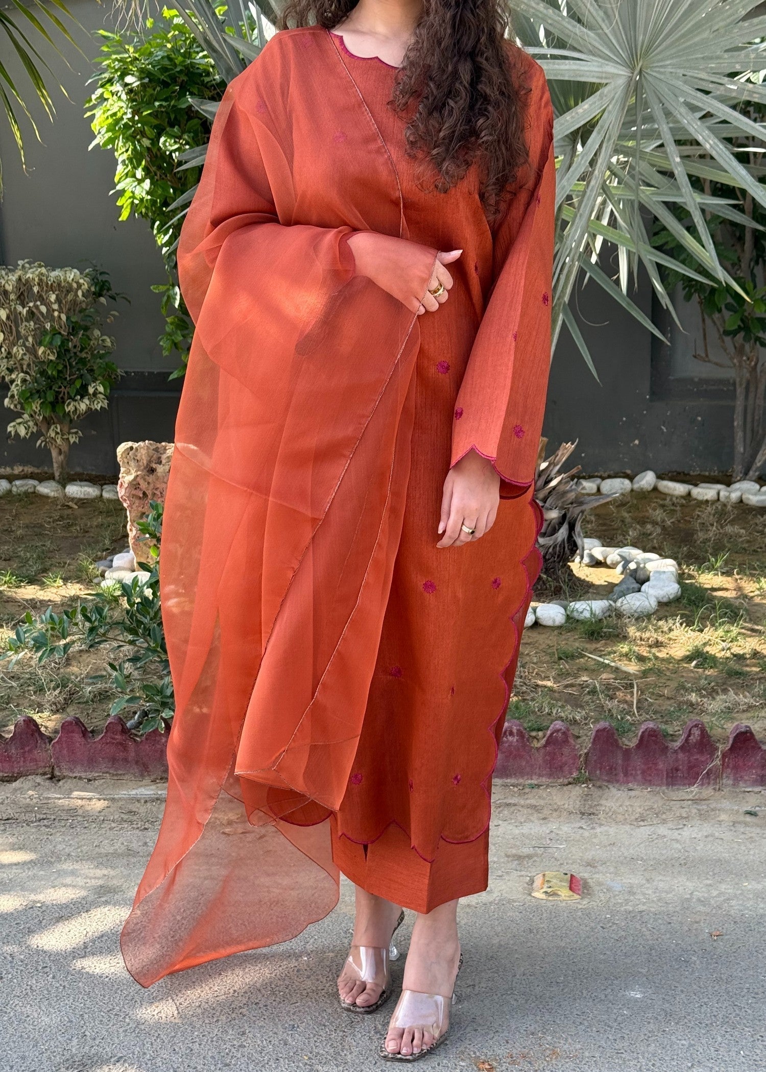 Naaz Couture Rust Embroidered Raw Silk Suit Women 3pcs