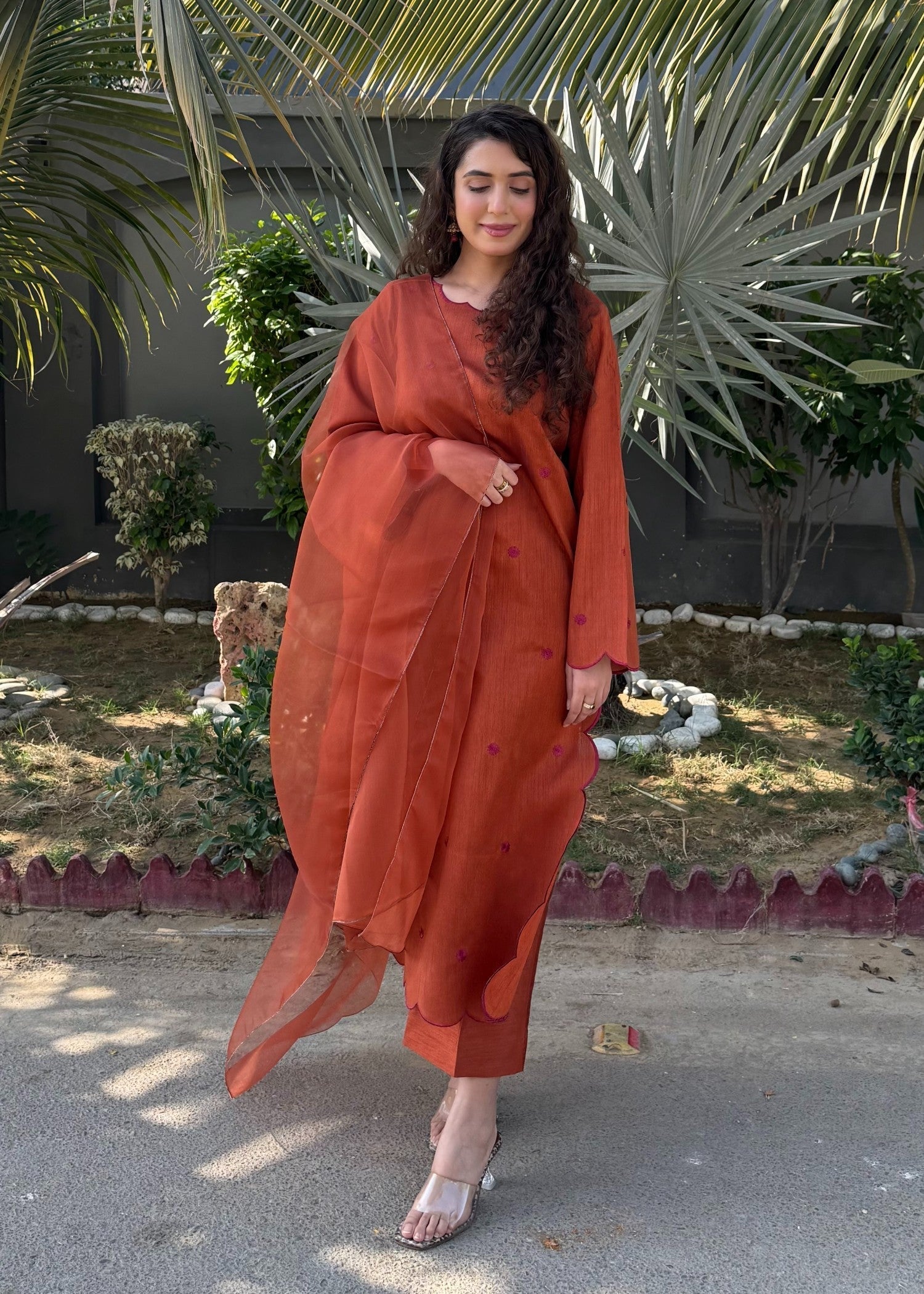 Naaz Couture Rust Embroidered Raw Silk Suit Women 3pcs