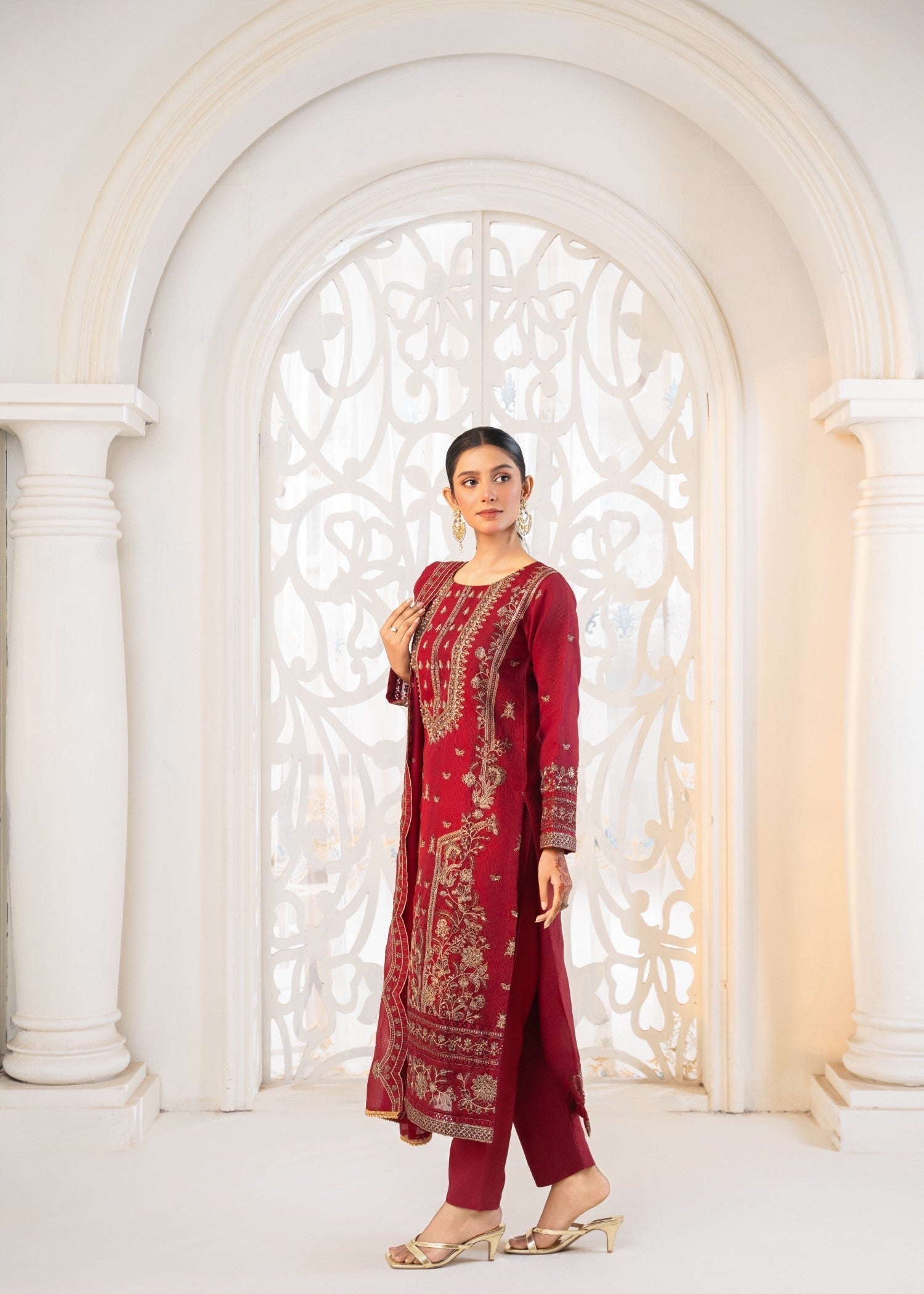 Khubsurat 3339 KH OR NT Maroon Embroidery Pearl Emblishment Women 3pcs