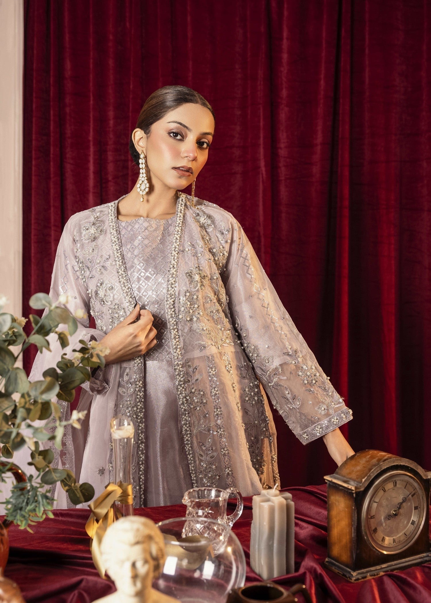 Khubsurat 3800 KH OR Lavender Embroidery Pearl Embellishment Gown Women 4pcs